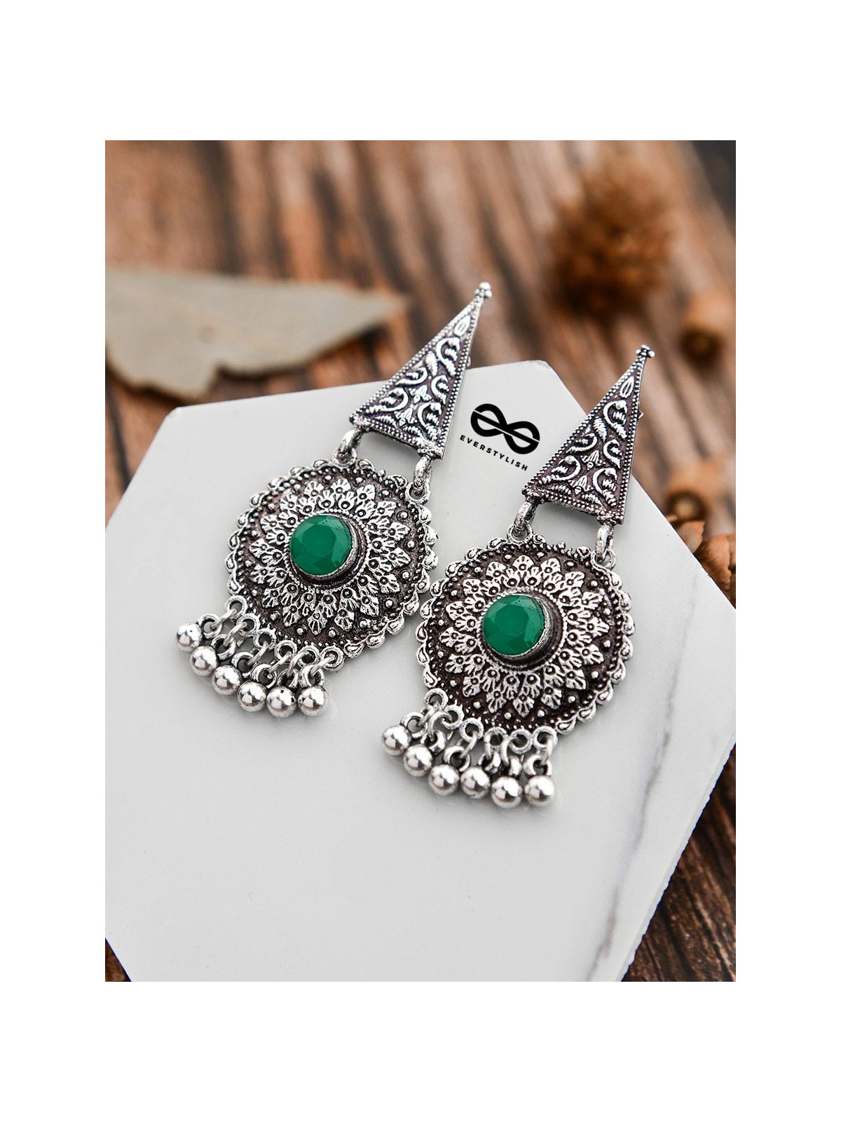 The Embellished Oxidised Collection - Intricate Geometry Earrings- Green