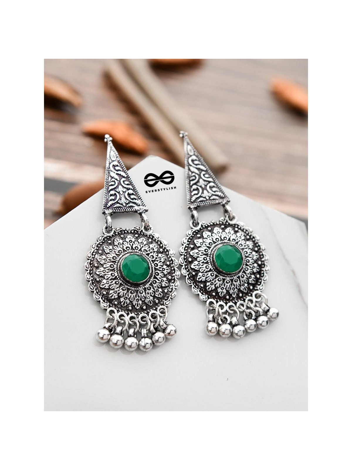 The Embellished Oxidised Collection - Intricate Geometry Earrings- Green