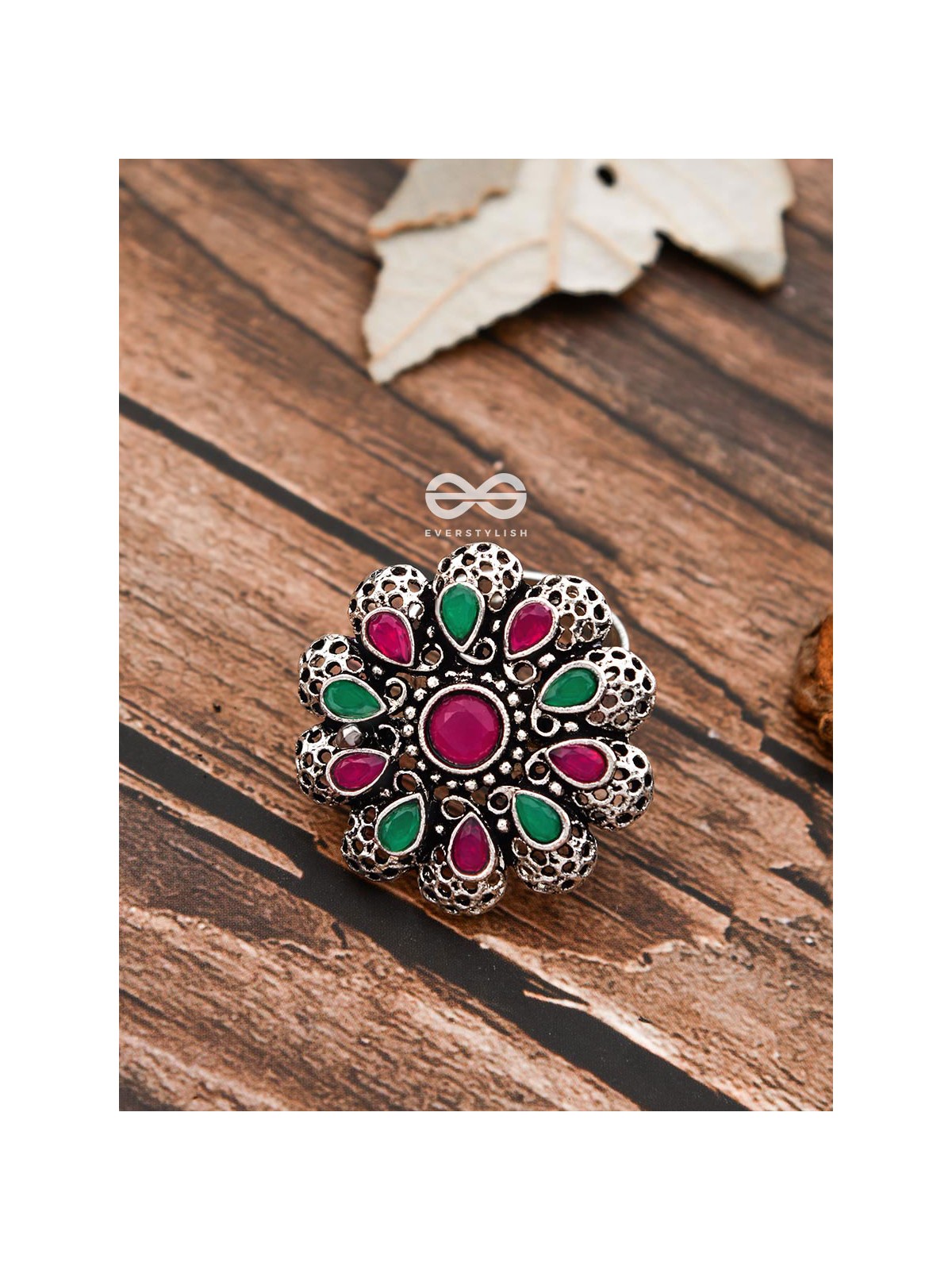 The Scarlett Ring (Adjustable) - Ruby-Emerald - The Embellished Oxidised Collection