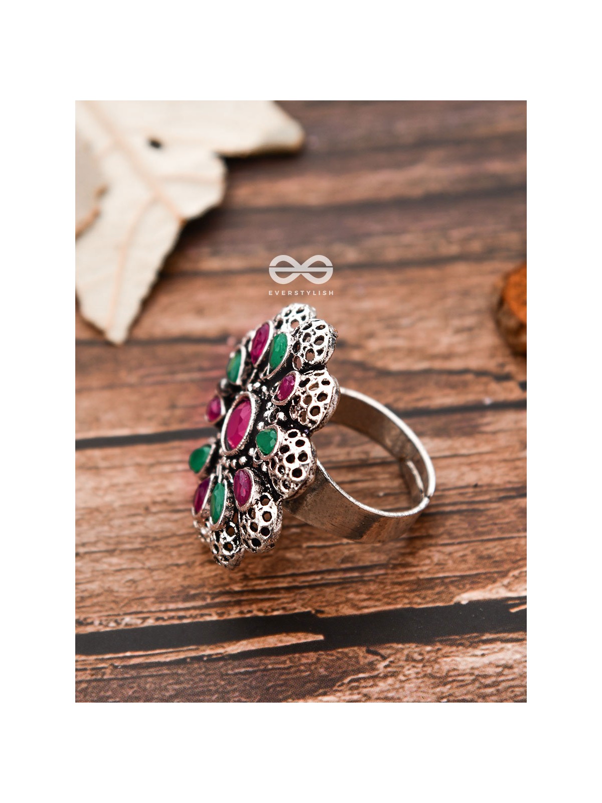 The Scarlett Ring (Adjustable) - Ruby-Emerald - The Embellished Oxidised Collection