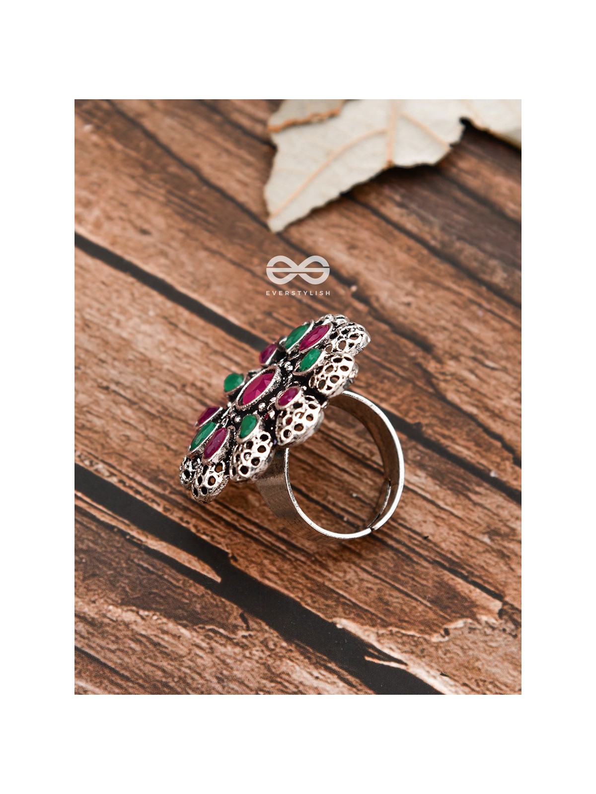 The Scarlett Ring (Adjustable) - Ruby-Emerald - The Embellished Oxidised Collection