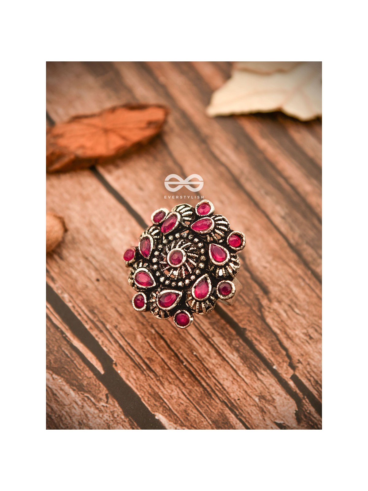 The Charlize Ring (Adjustable) - Ruby Red - The Embellished Oxidised Collection