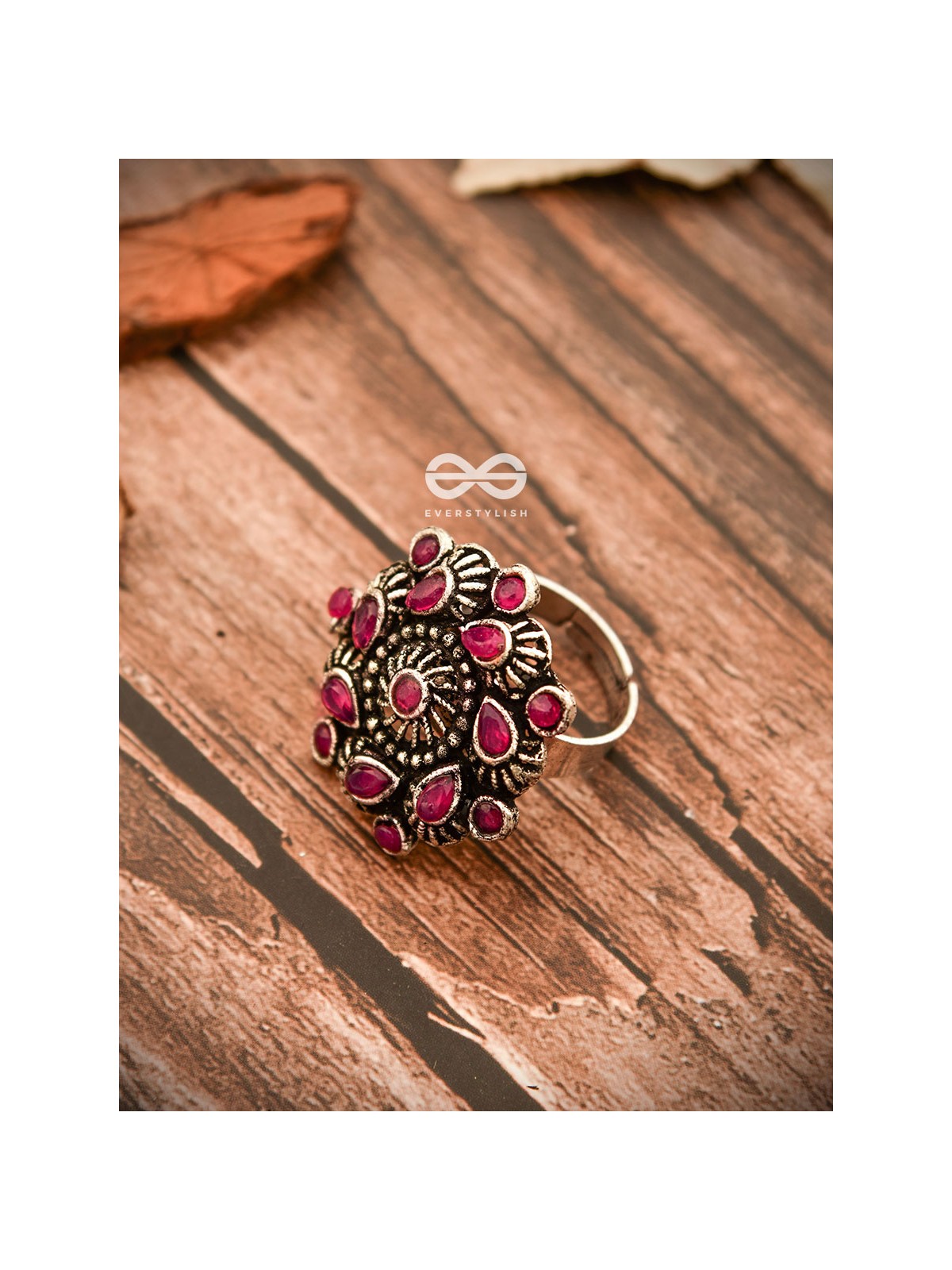 The Charlize Ring (Adjustable) - Ruby Red - The Embellished Oxidised Collection