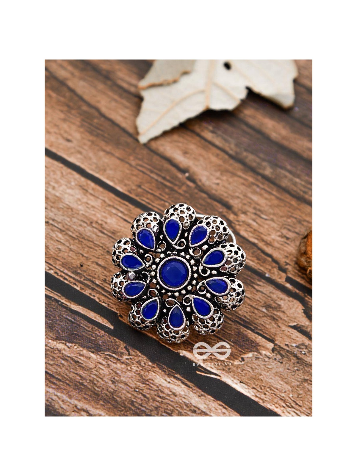 The Scarlett Ring (Adjustable) - Sapphire Blue - The Embellished Oxidised Collection