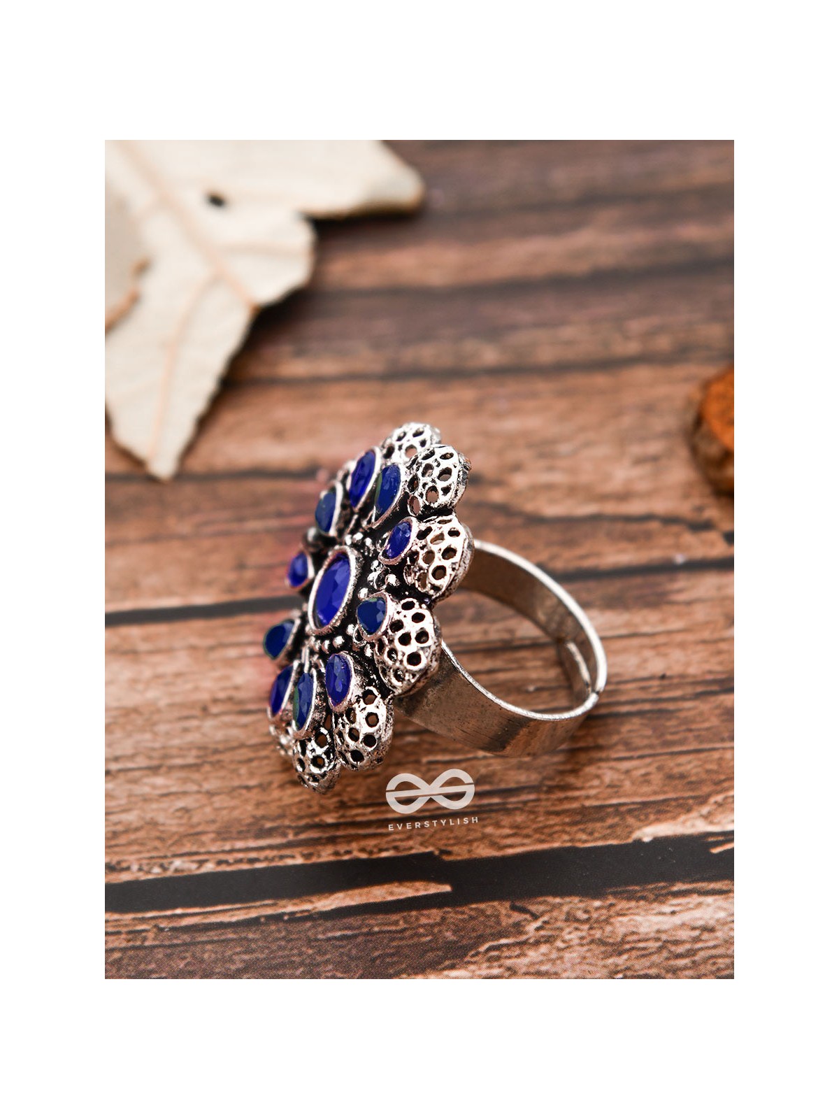 The Scarlett Ring (Adjustable) - Sapphire Blue - The Embellished Oxidised Collection