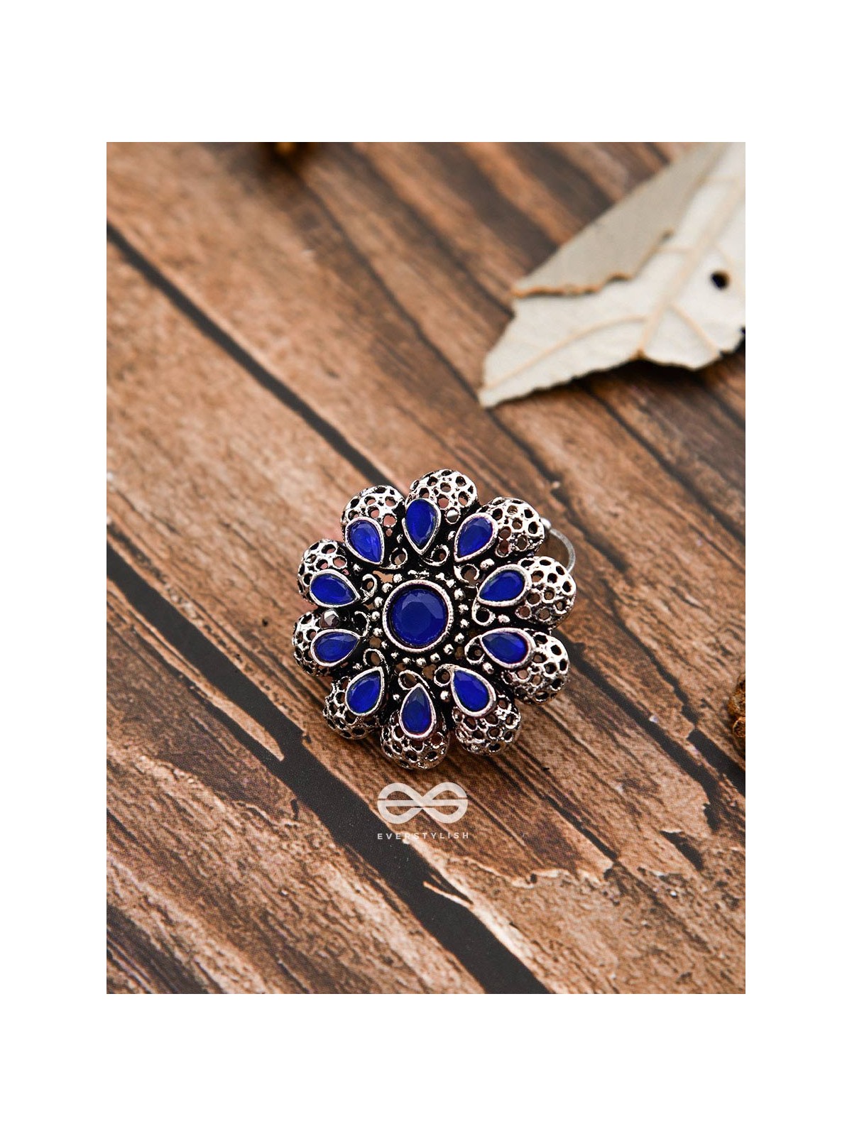 The Scarlett Ring (Adjustable) - Sapphire Blue - The Embellished Oxidised Collection