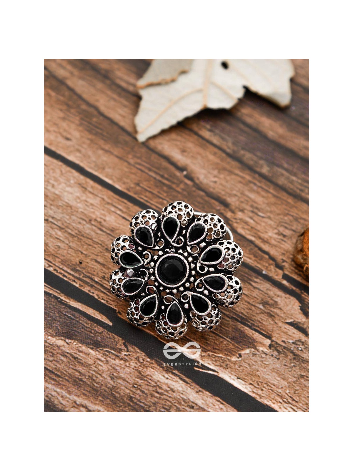 The Scarlett Ring (Adjustable) - Onyx Black - The Embellished Oxidised Collection