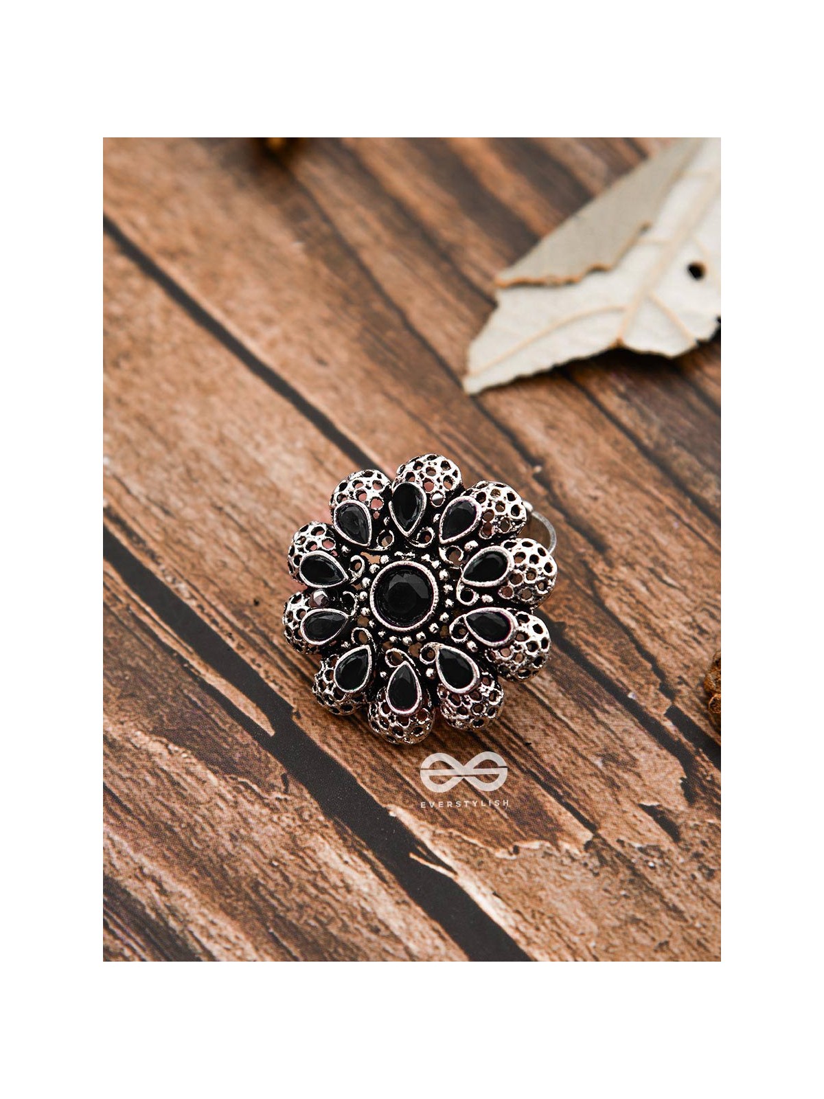 The Scarlett Ring (Adjustable) - Onyx Black - The Embellished Oxidised Collection