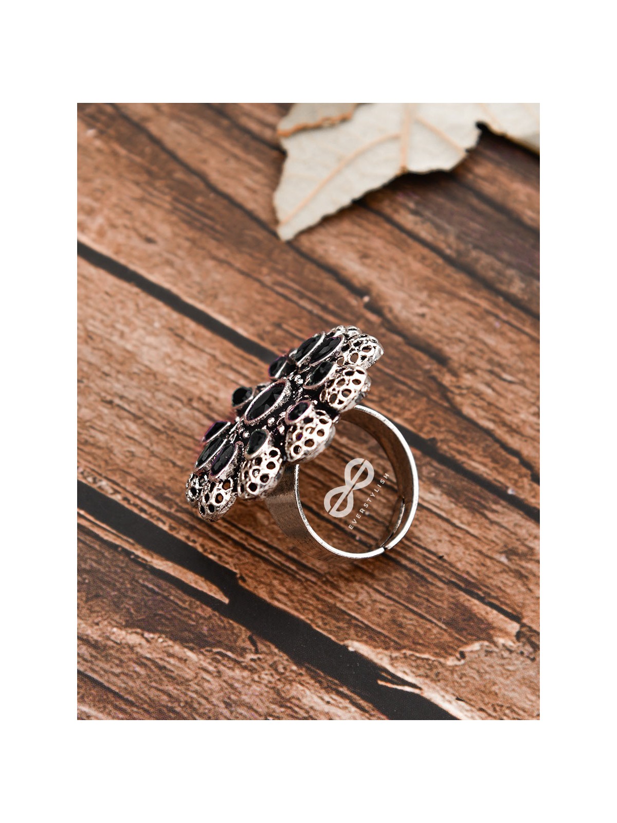 The Scarlett Ring (Adjustable) - Onyx Black - The Embellished Oxidised Collection