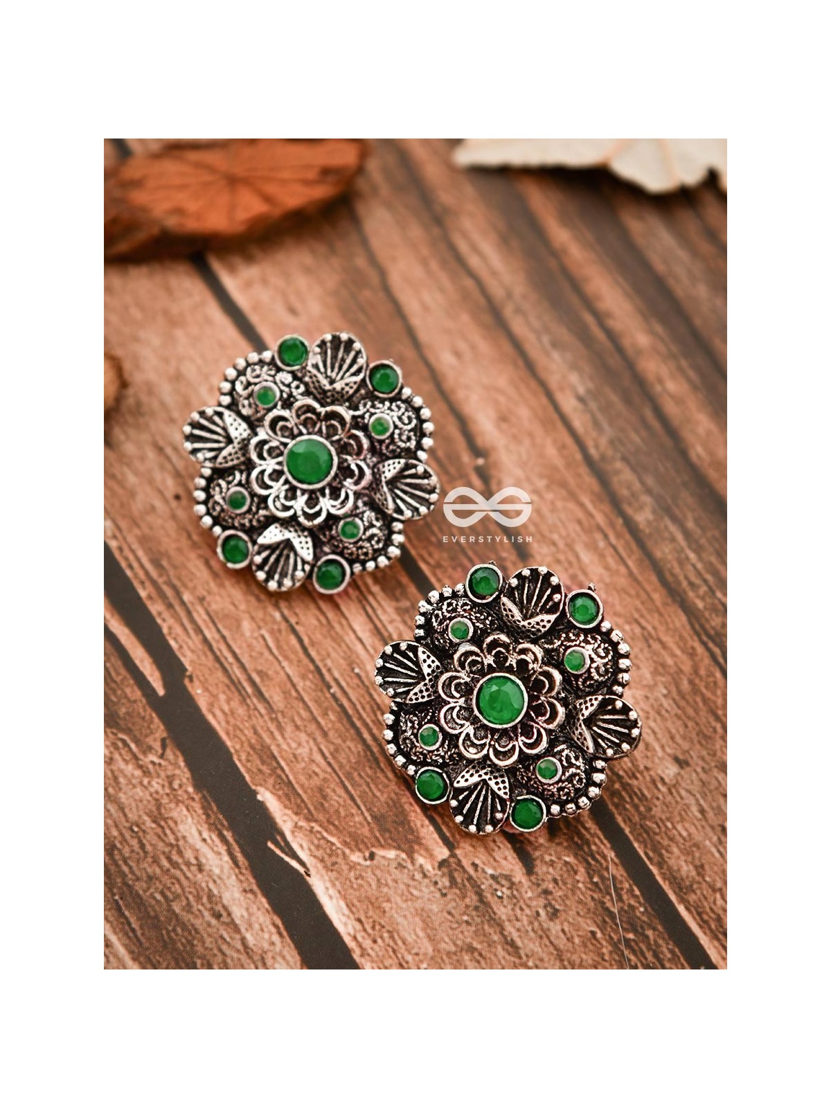 The Intriguing Affair Studs - Emerald Green - The Embellished Oxidised Collection