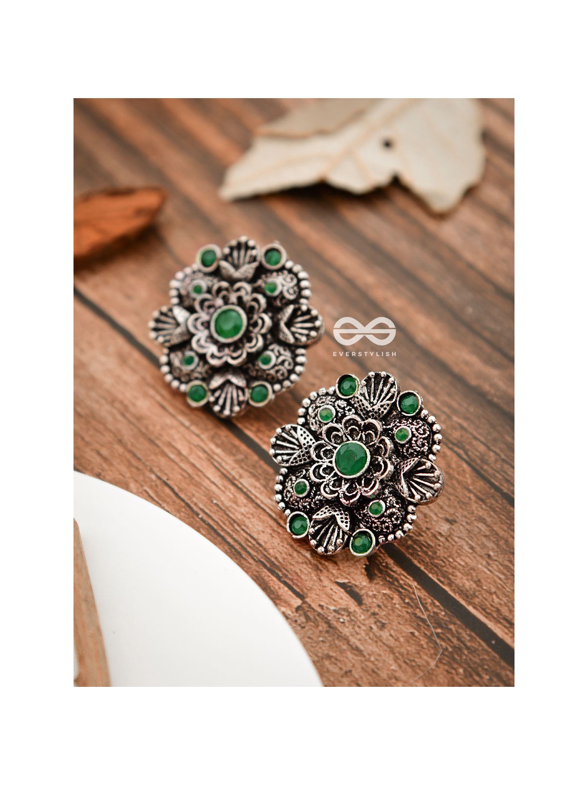 The Intriguing Affair Studs - Emerald Green - The Embellished Oxidised Collection