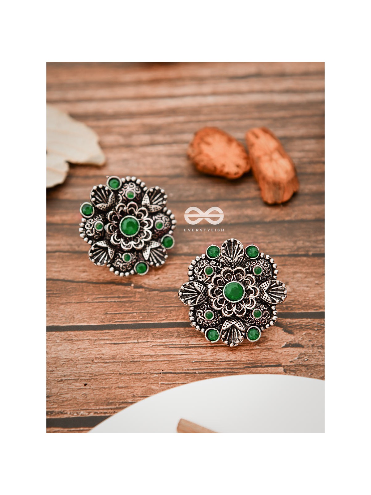 The Intriguing Affair Studs - Emerald Green - The Embellished Oxidised Collection