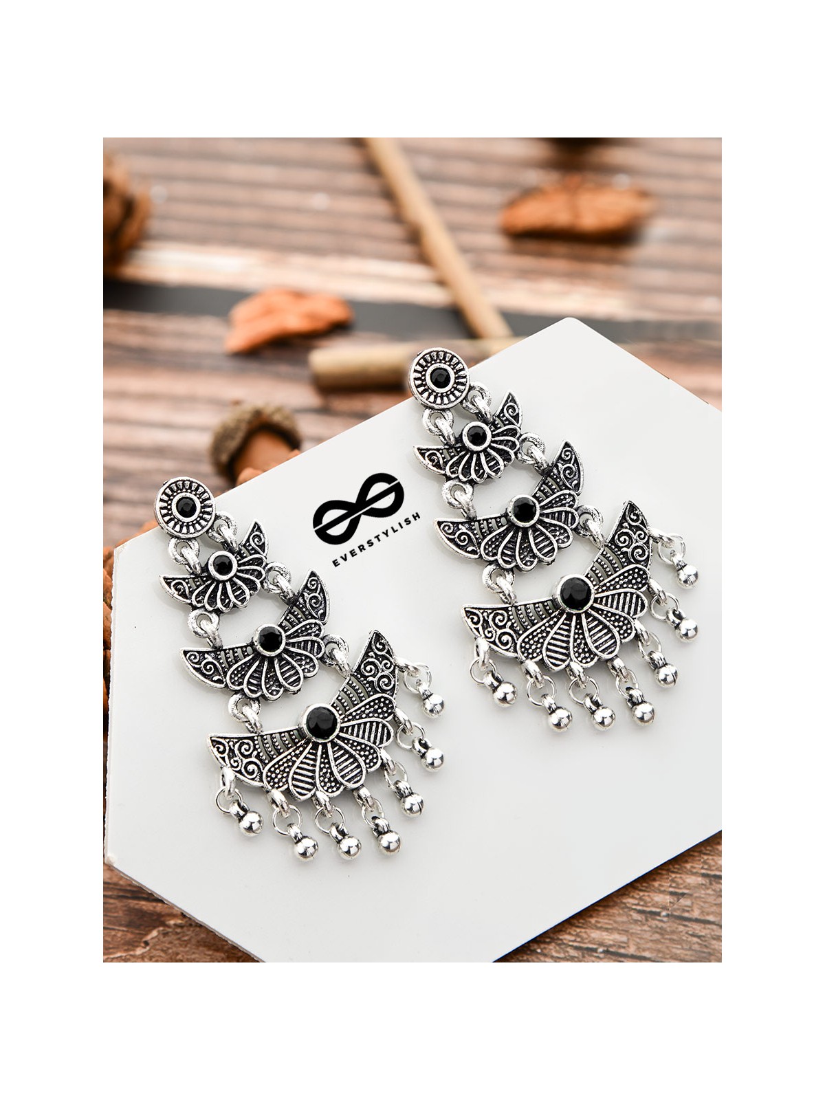 The Embellished Oxidised Collection - Triple Delight Earrings- Onyx Black