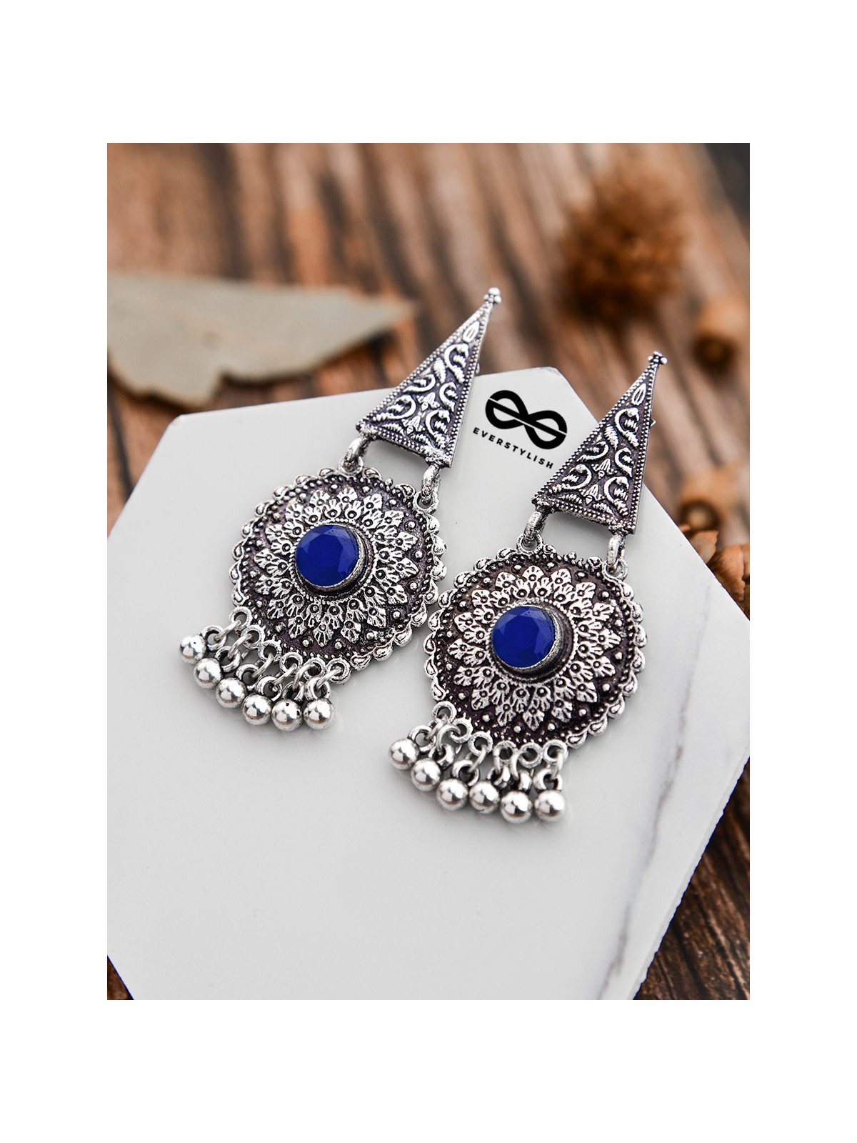 The Embellished Oxidised Collection - Intricate Geometry Earrings- Royal Blue