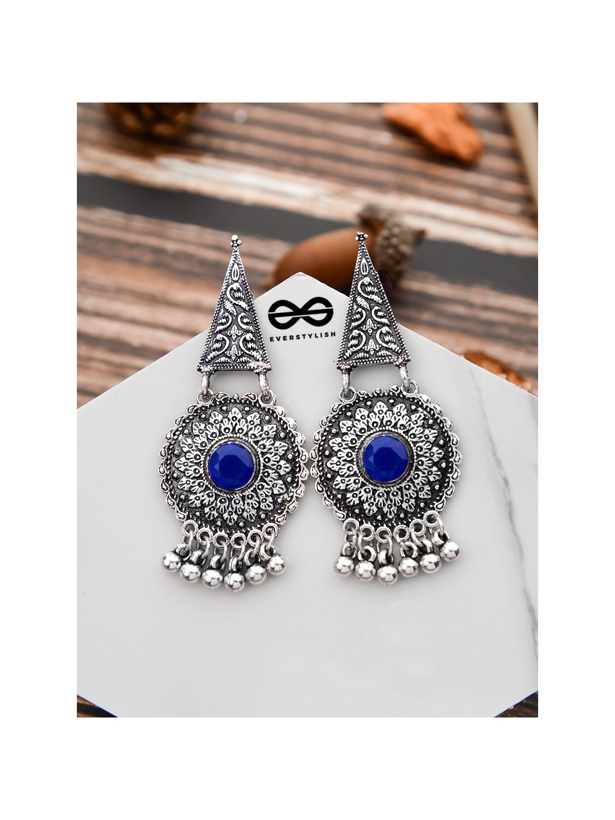 The Embellished Oxidised Collection - Intricate Geometry Earrings- Royal Blue