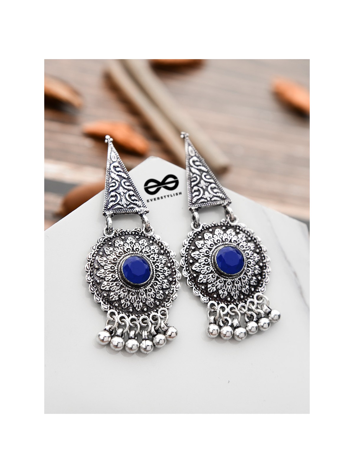 The Embellished Oxidised Collection - Intricate Geometry Earrings- Royal Blue