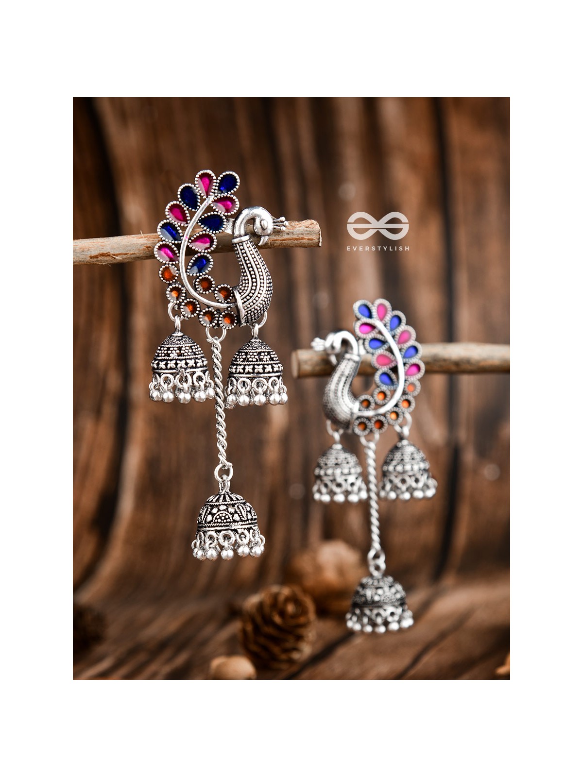 The Enamelled Peacocks Triple Jhumki Statement Earrings - Blue-Pink-Brown