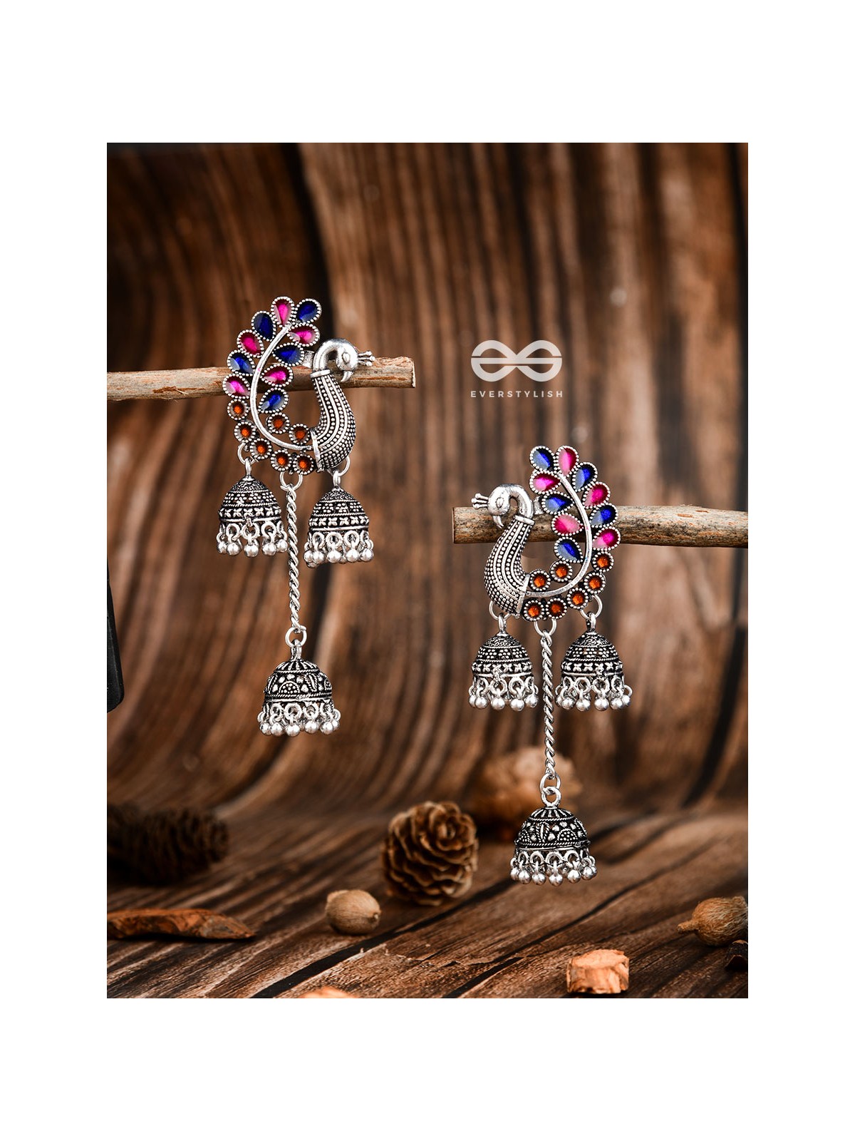 The Enamelled Peacocks Triple Jhumki Statement Earrings - Blue-Pink-Brown