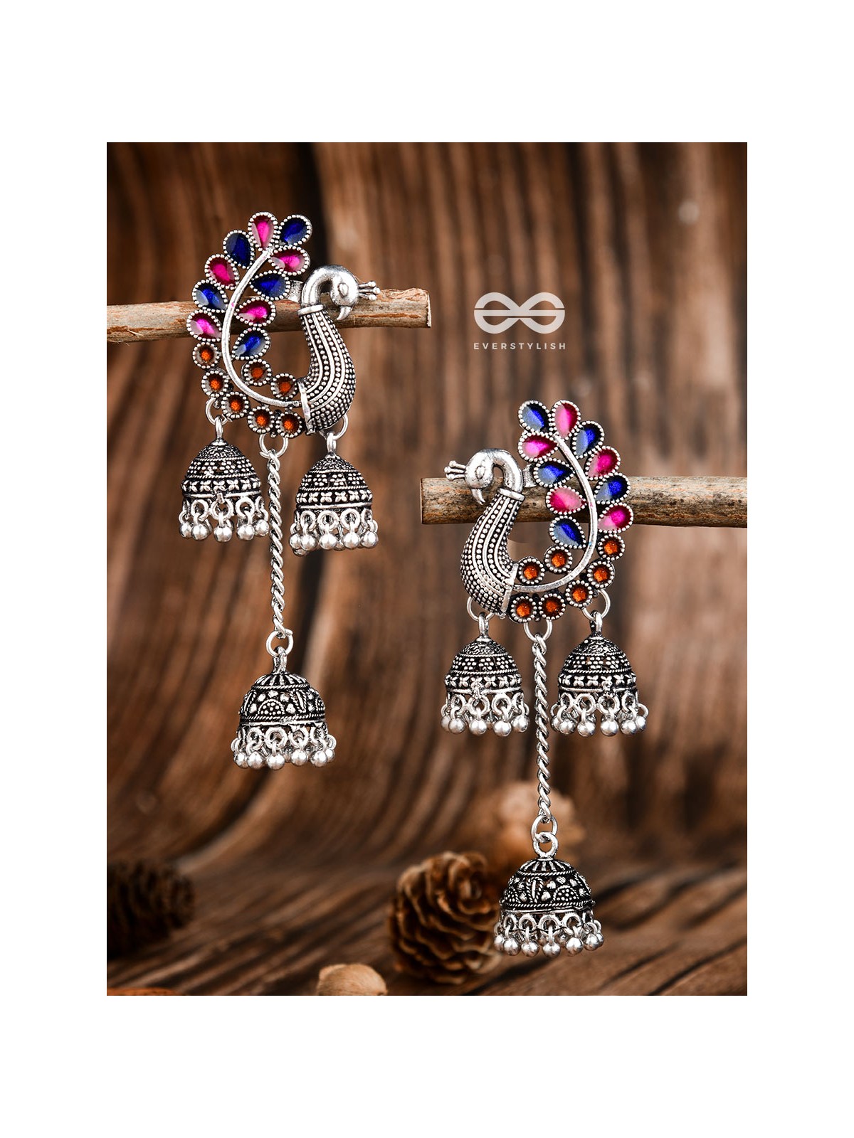 The Enamelled Peacocks Triple Jhumki Statement Earrings - Blue-Pink-Brown