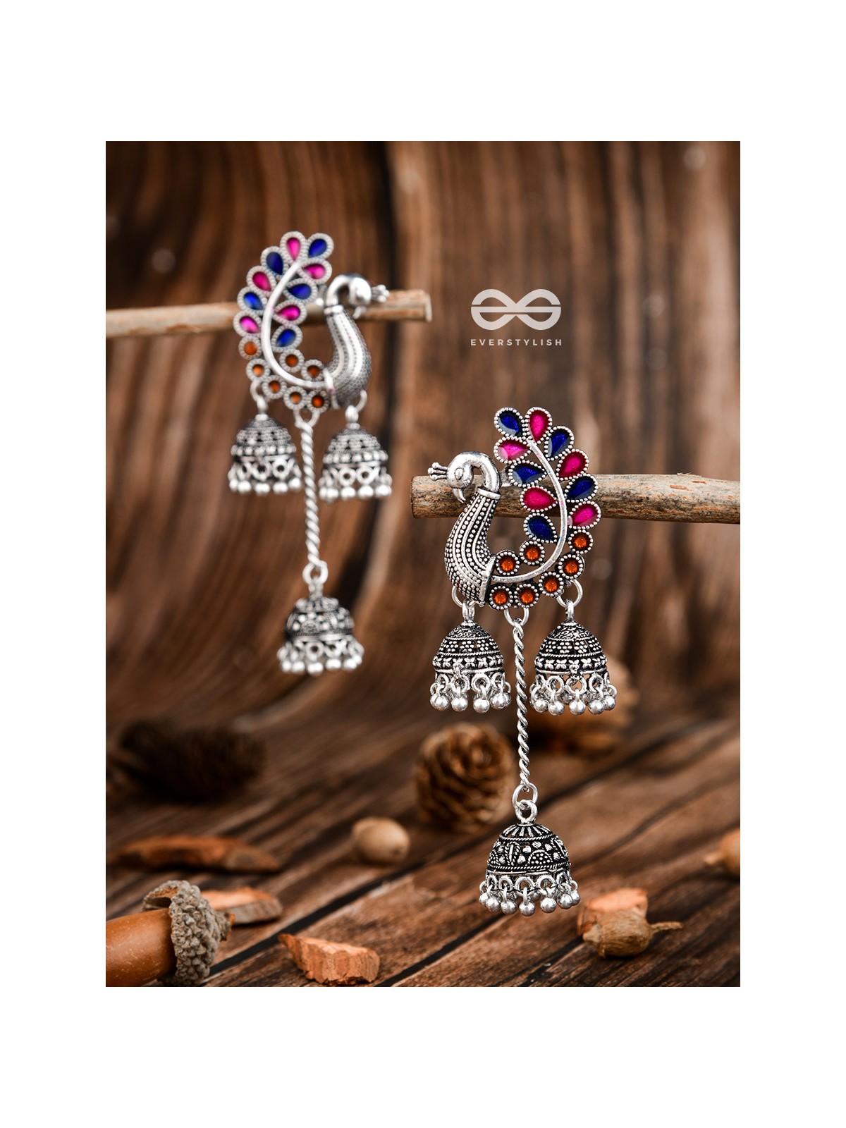 The Enamelled Peacocks Triple Jhumki Statement Earrings - Blue-Pink-Brown