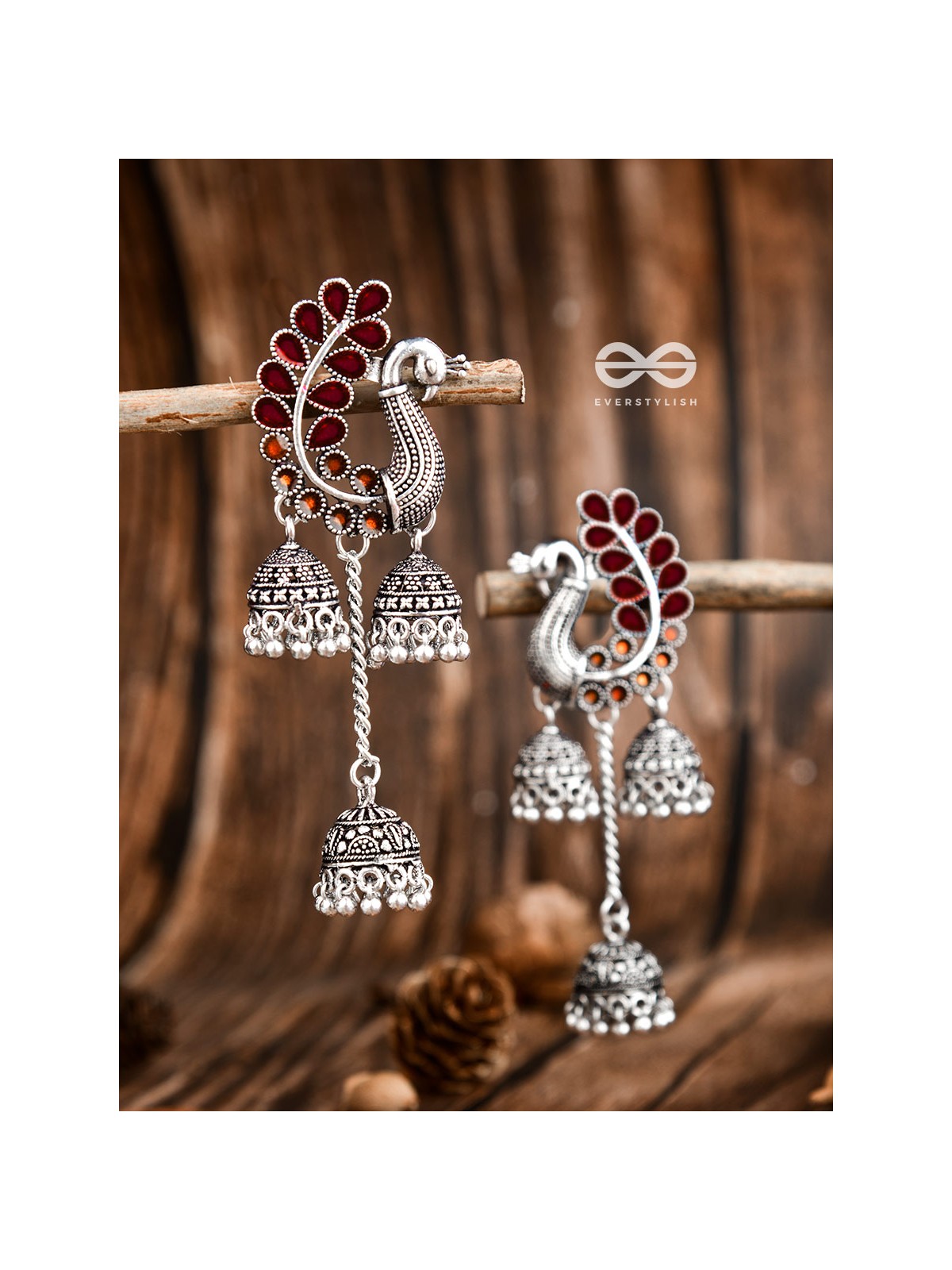 The Enamelled Peacocks Triple Jhumki Statement Earrings - Maroon-Brown