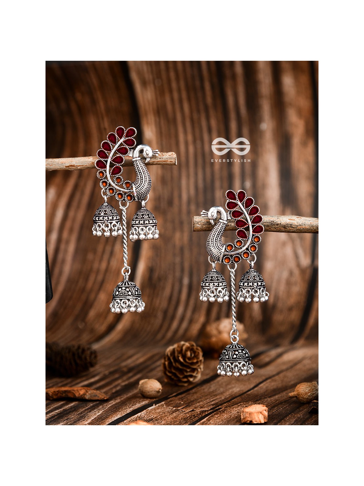 The Enamelled Peacocks Triple Jhumki Statement Earrings - Maroon-Brown