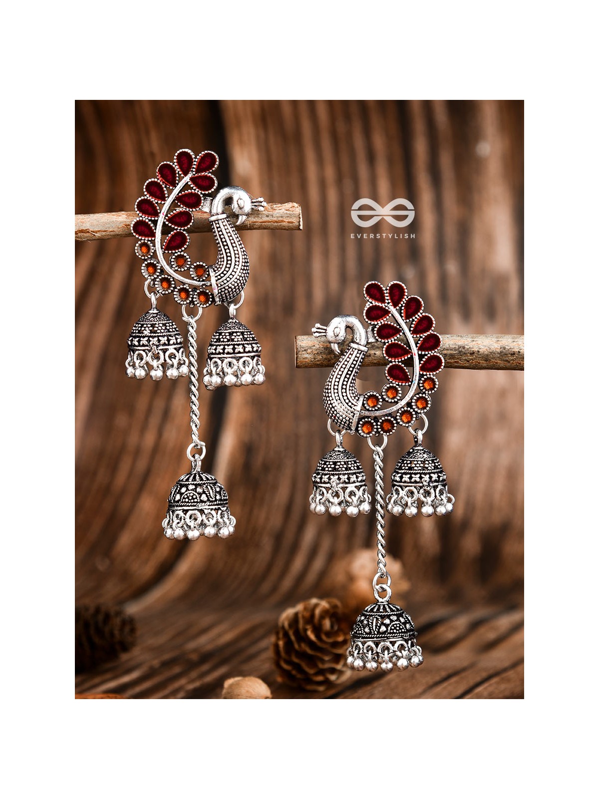 The Enamelled Peacocks Triple Jhumki Statement Earrings - Maroon-Brown