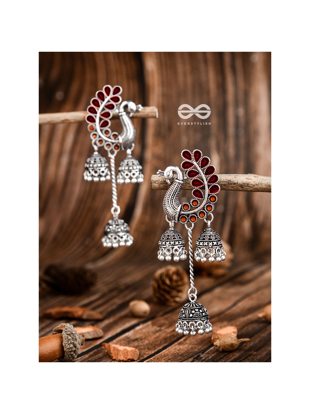 The Enamelled Peacocks Triple Jhumki Statement Earrings - Maroon-Brown