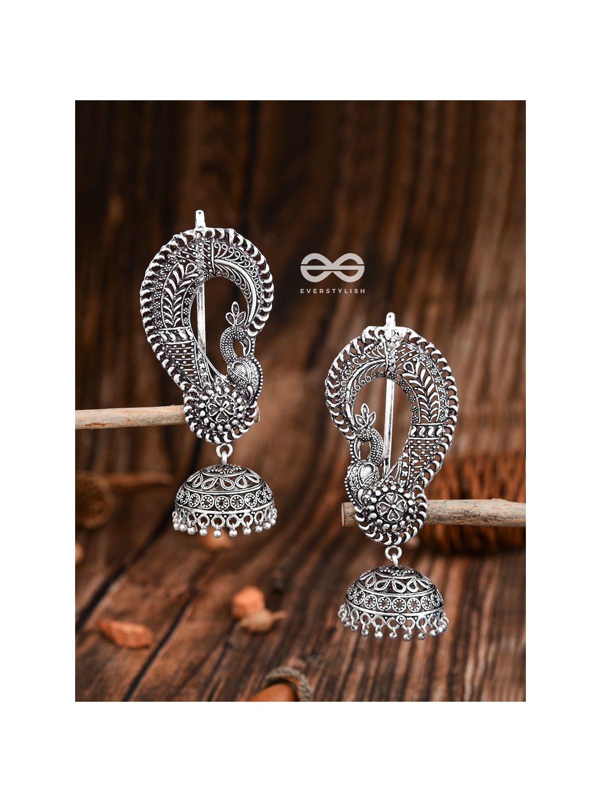 The Elegant Intricate Peacock Earcuffs - Oxidised Boho Earrings