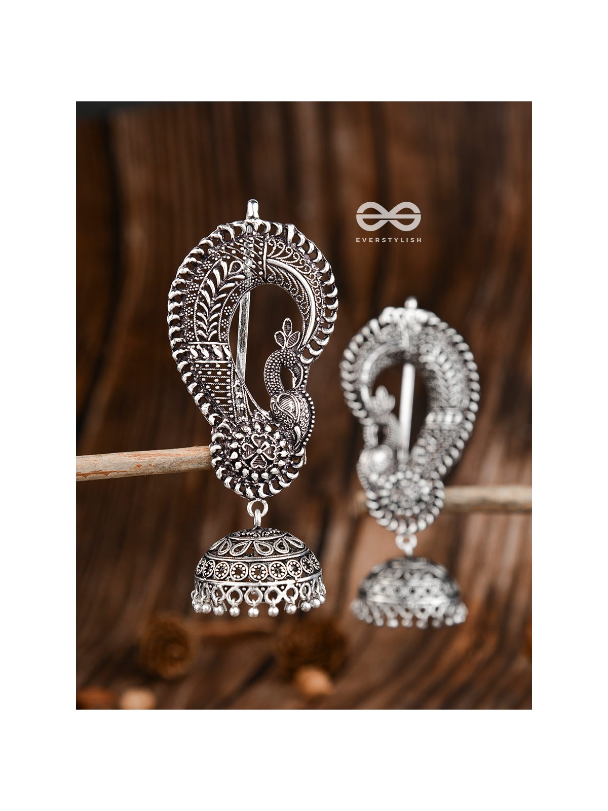 The Elegant Intricate Peacock Earcuffs - Oxidised Boho Earrings