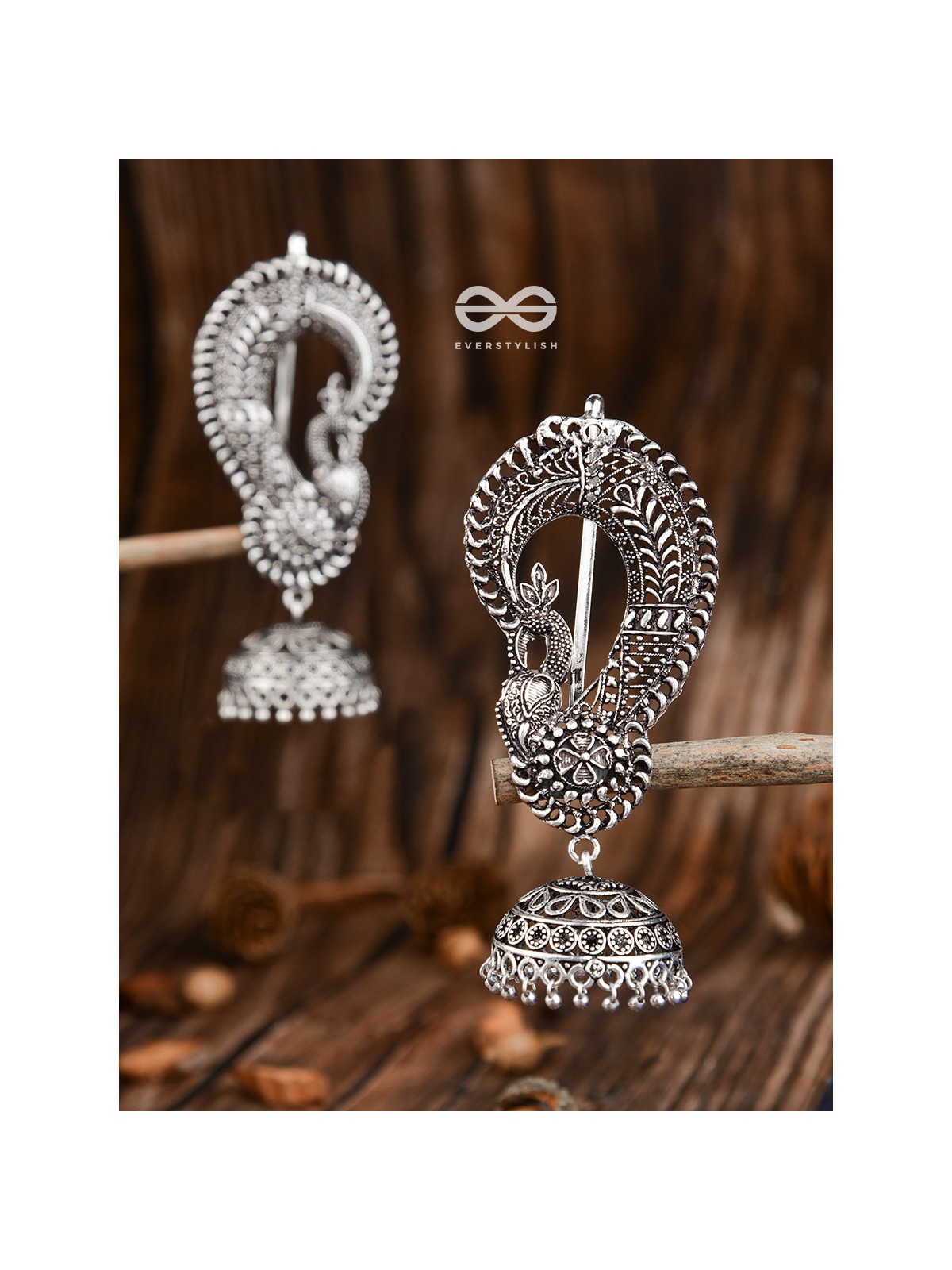 The Elegant Intricate Peacock Earcuffs - Oxidised Boho Earrings
