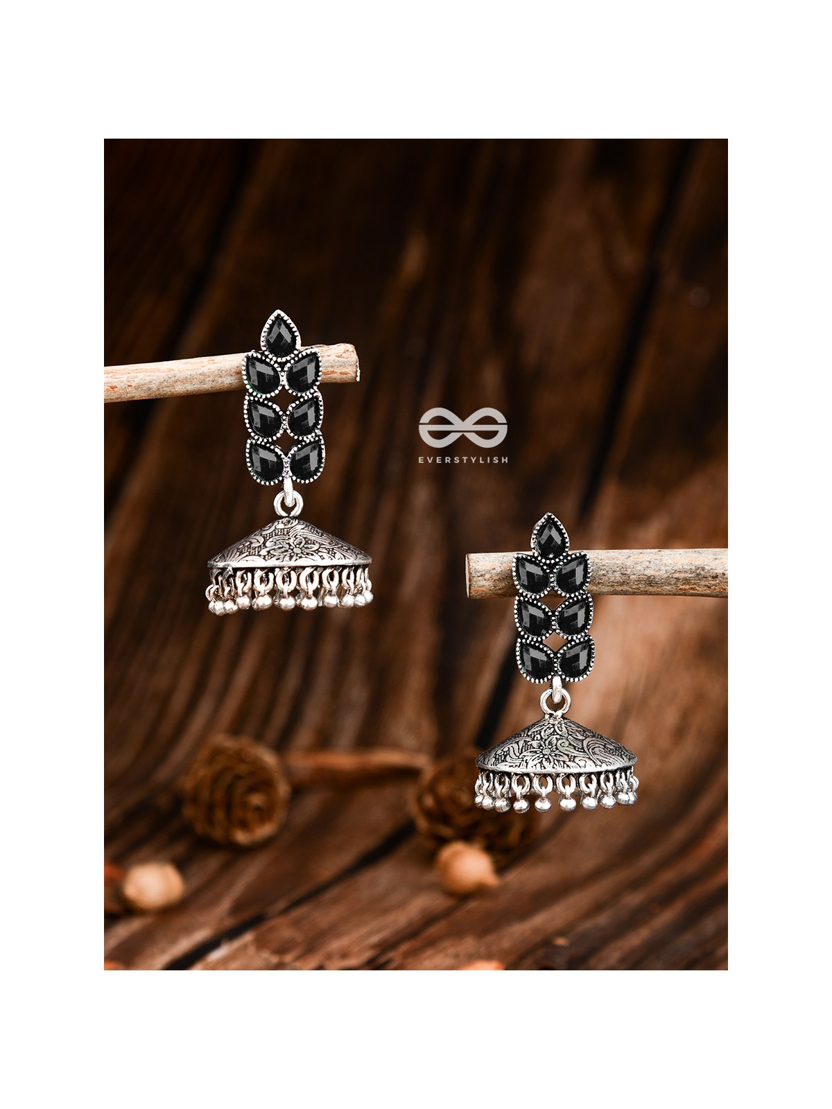 The Olive Branch Intricate Jhumkis - Onyx Black - The Embellished Oxidised Collection