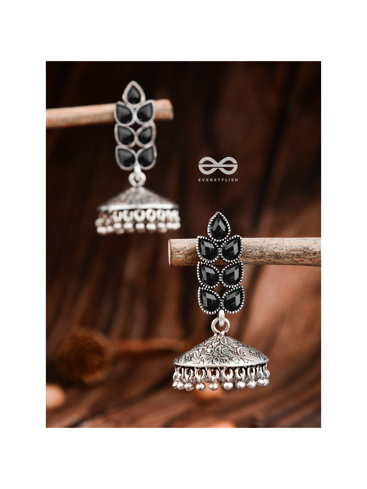The Olive Branch Intricate Jhumkis - Onyx Black - The Embellished Oxidised Collection