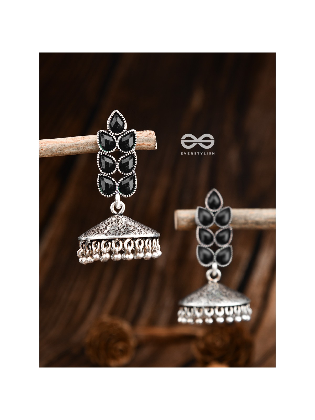 The Olive Branch Intricate Jhumkis - Onyx Black - The Embellished Oxidised Collection