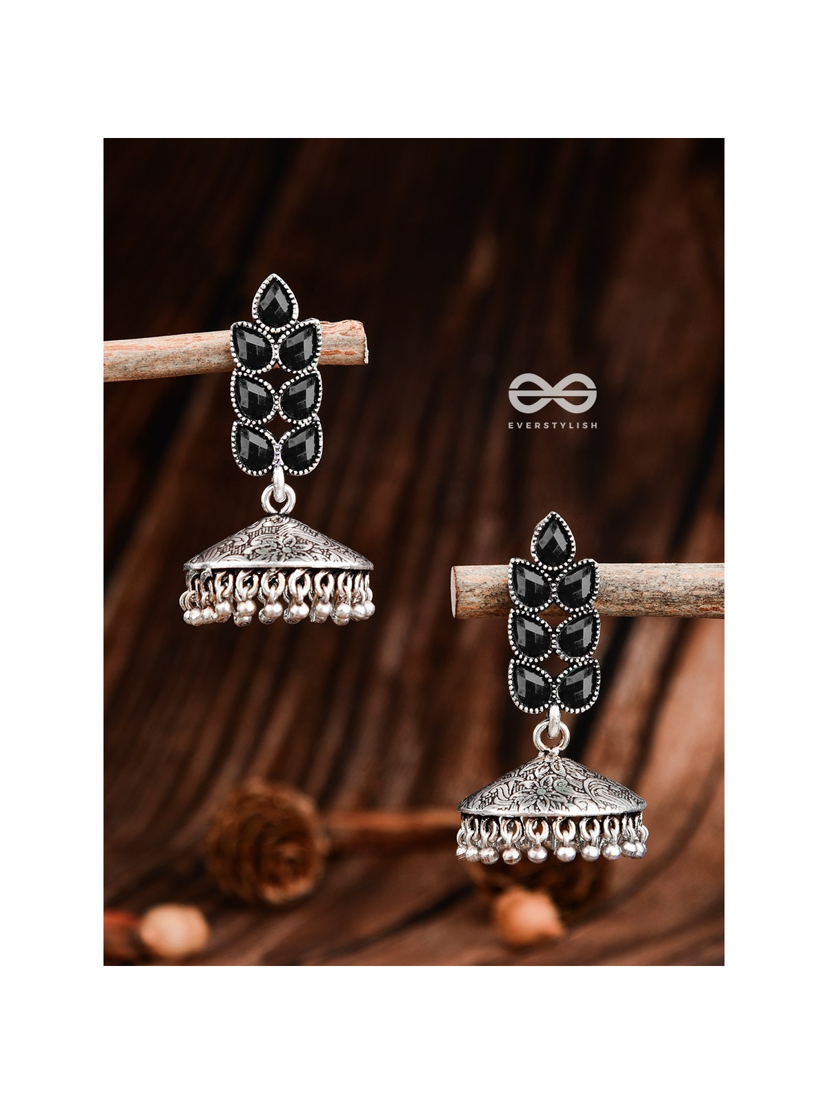 The Olive Branch Intricate Jhumkis - Onyx Black - The Embellished Oxidised Collection