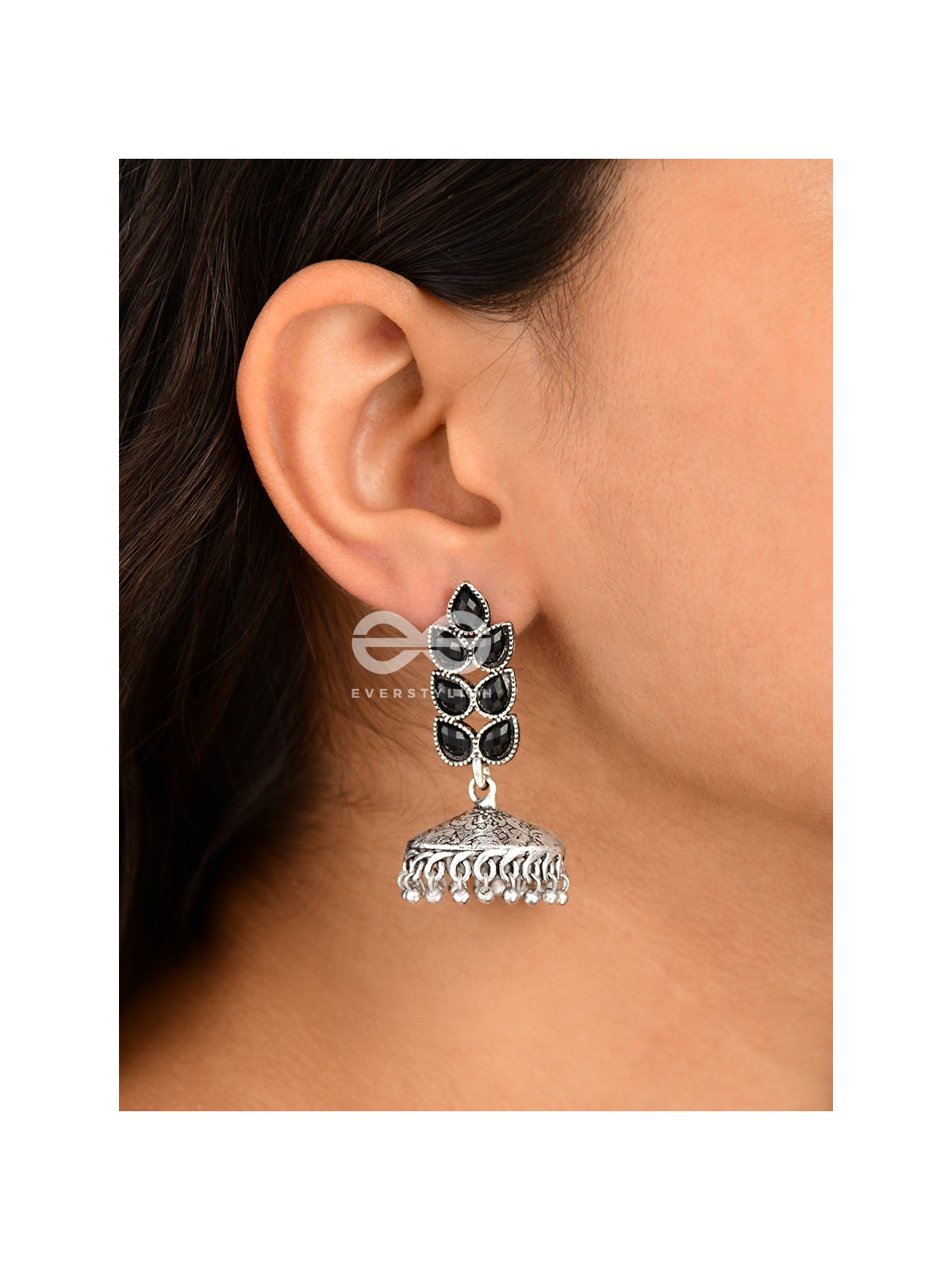 The Olive Branch Intricate Jhumkis - Onyx Black - The Embellished Oxidised Collection
