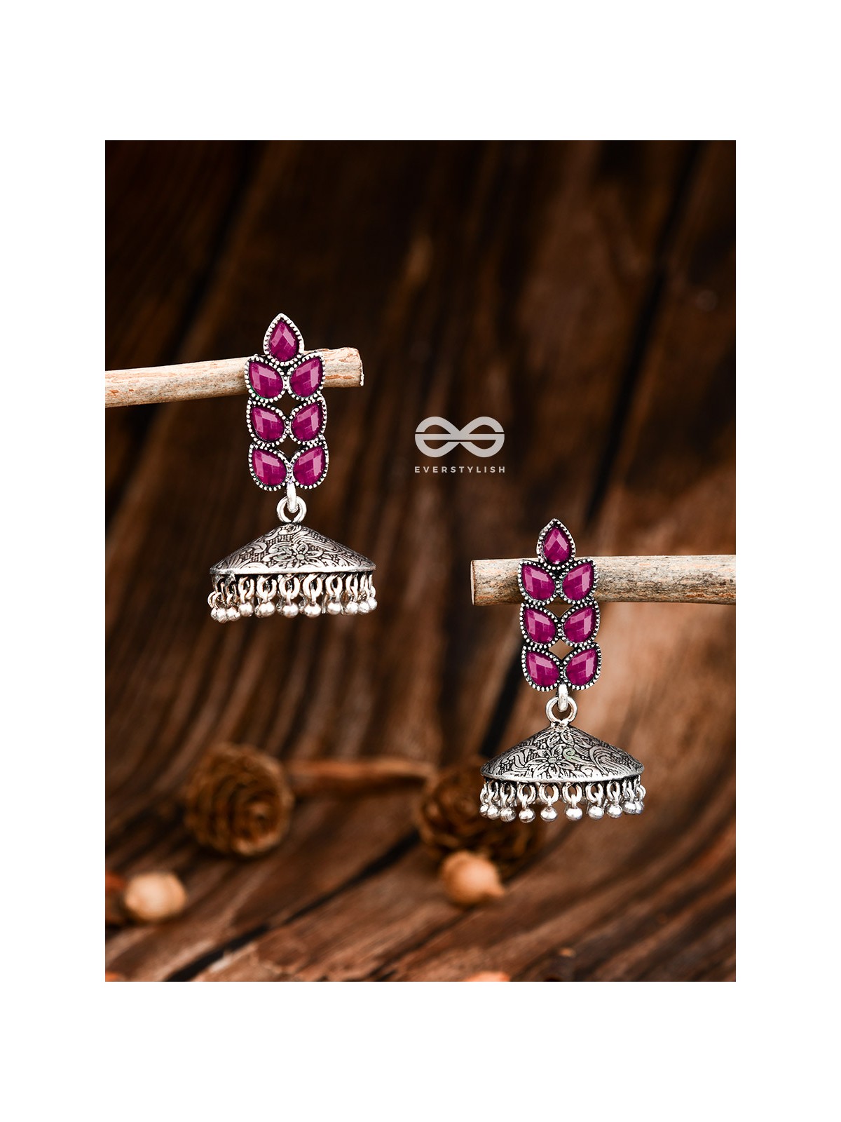 The Olive Branch Intricate Jhumkis - Ruby Red - The Embellished Oxidised Collection