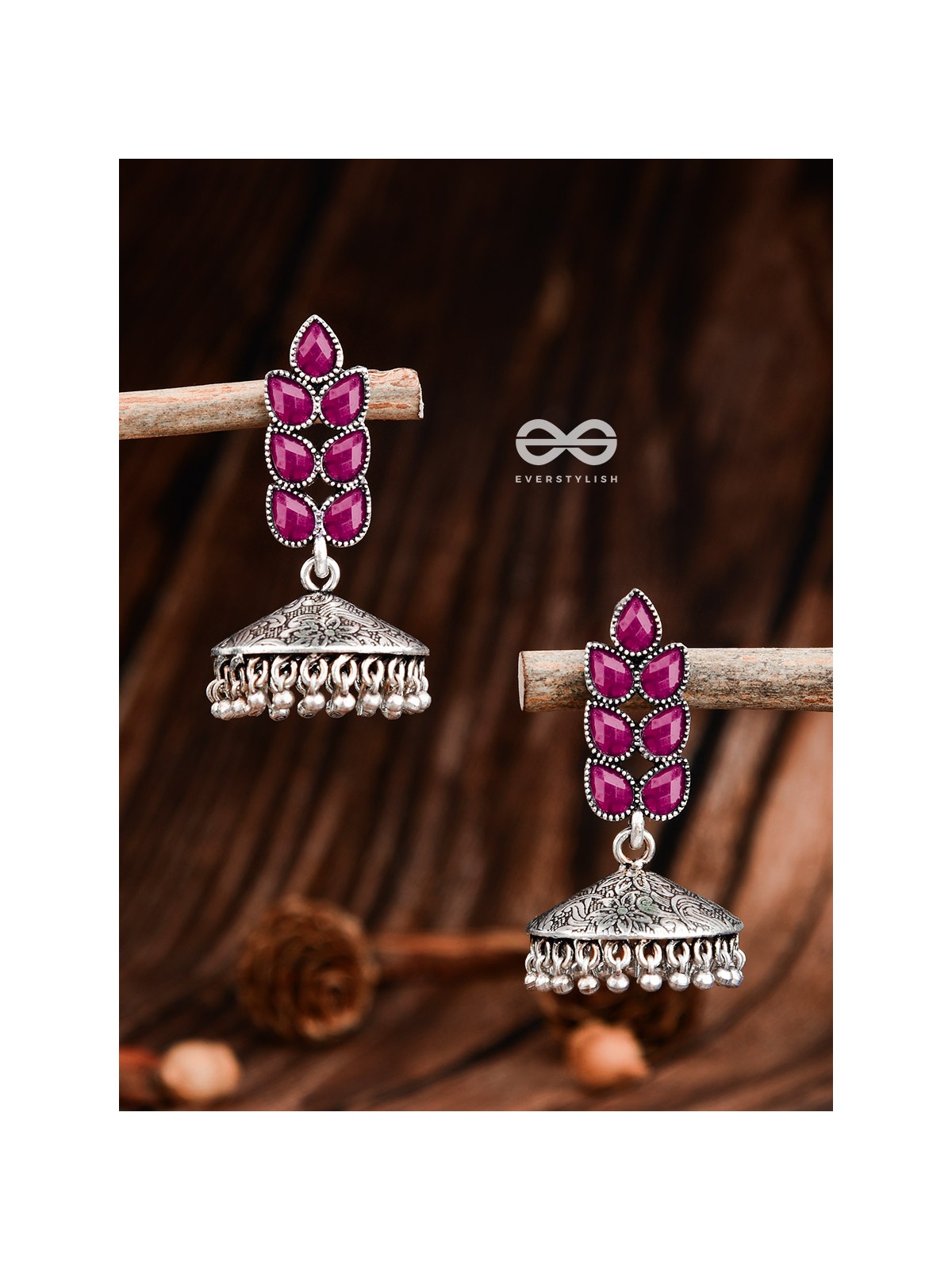 The Olive Branch Intricate Jhumkis - Ruby Red - The Embellished Oxidised Collection