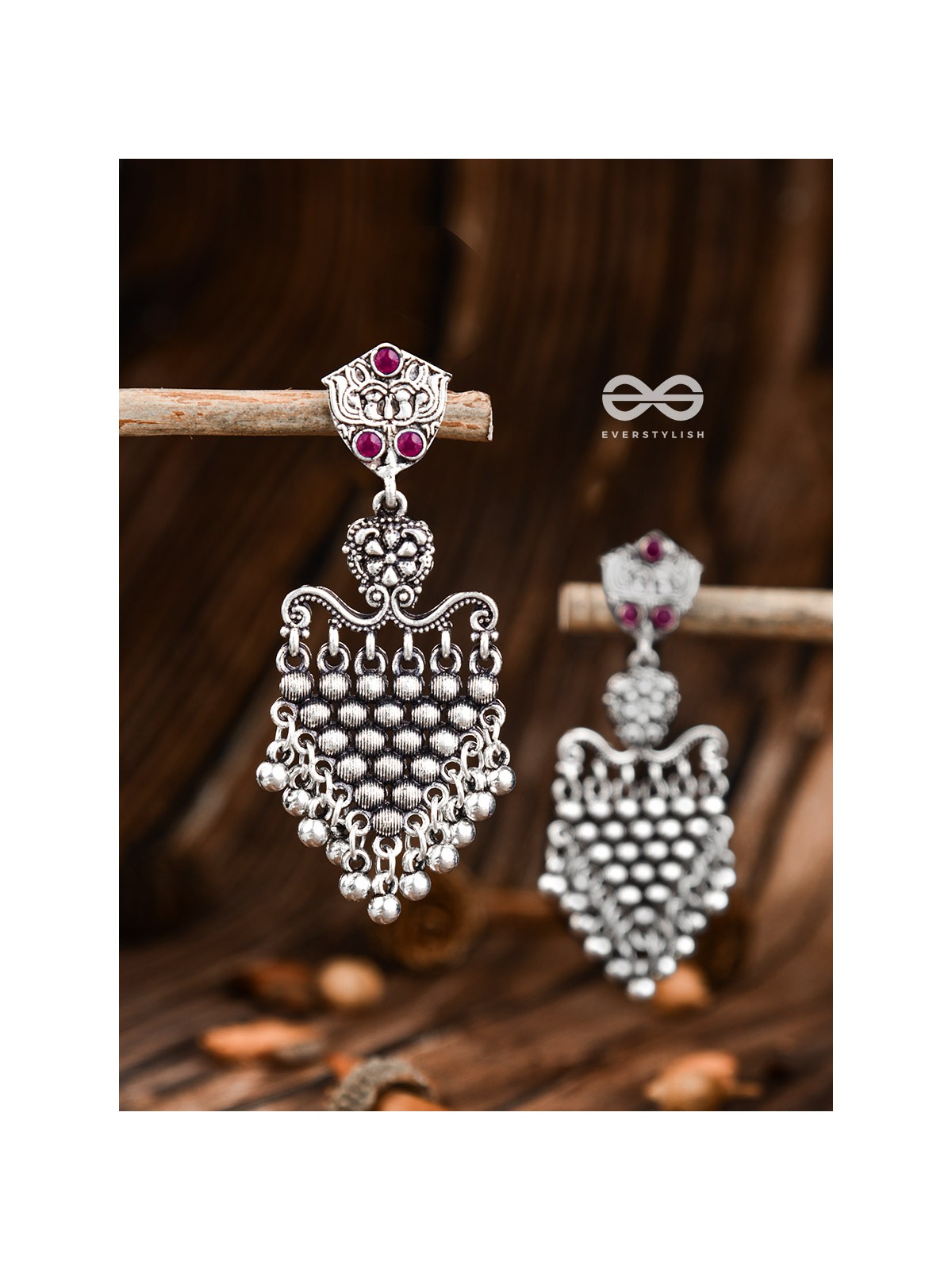 The Cute Mesh Earrings (Ruby Red) - The Embellished Oxidised Collection