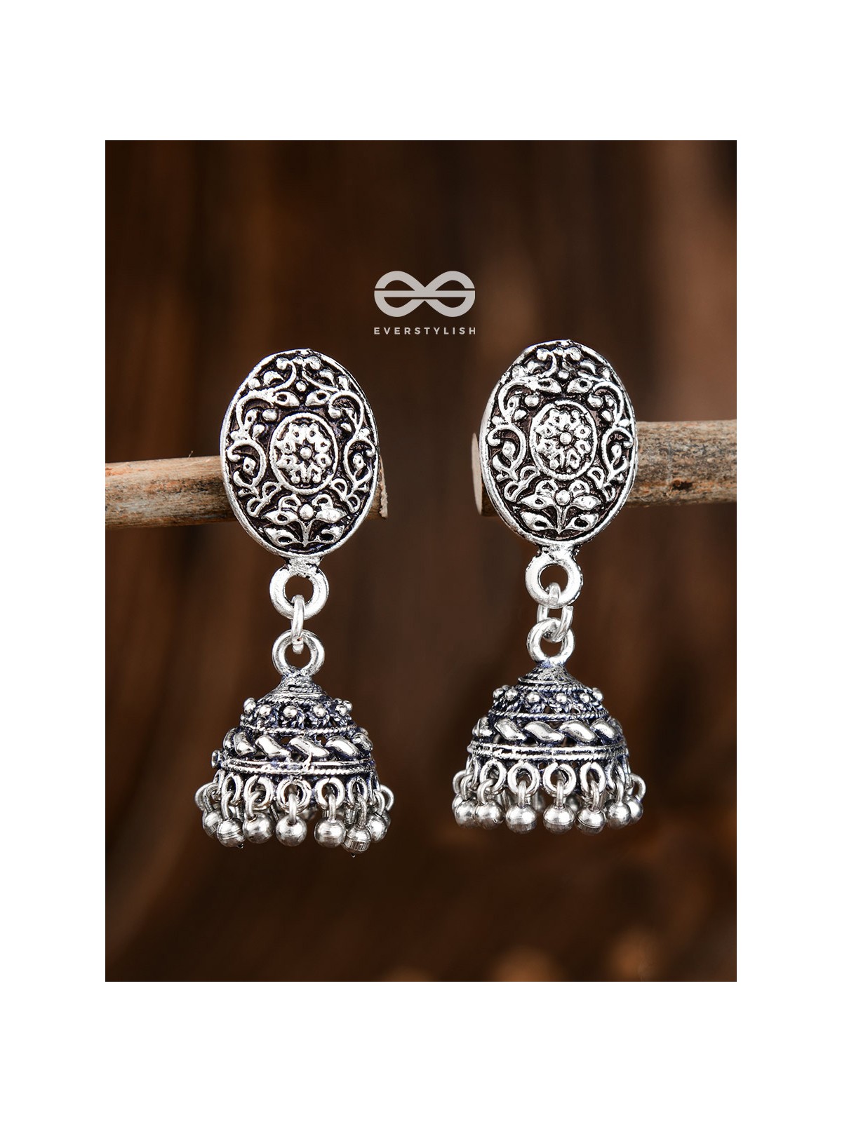 Little Floral Artwork - Oxidised Jhumki Earrings