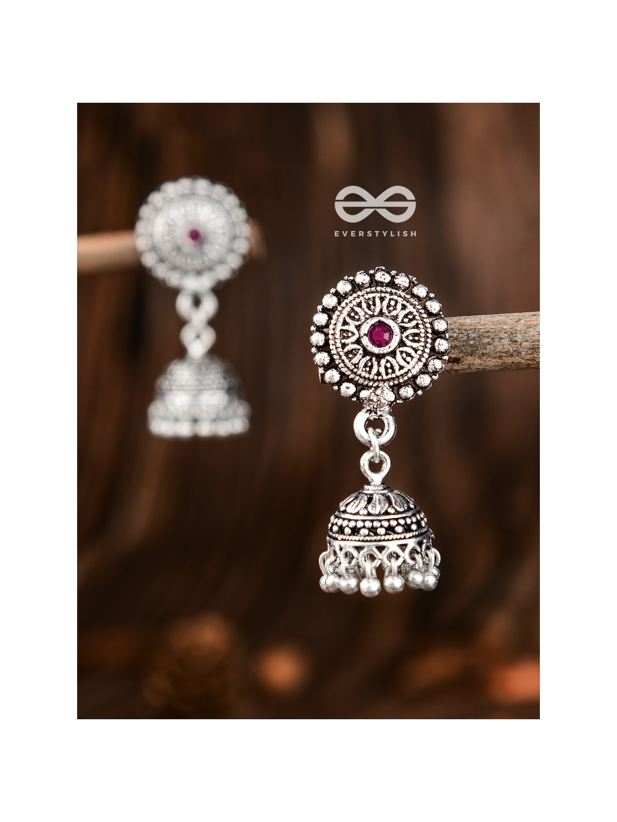 The Little Aztec Jhumkis (Ruby Red) - Embellished Oxidised Collection