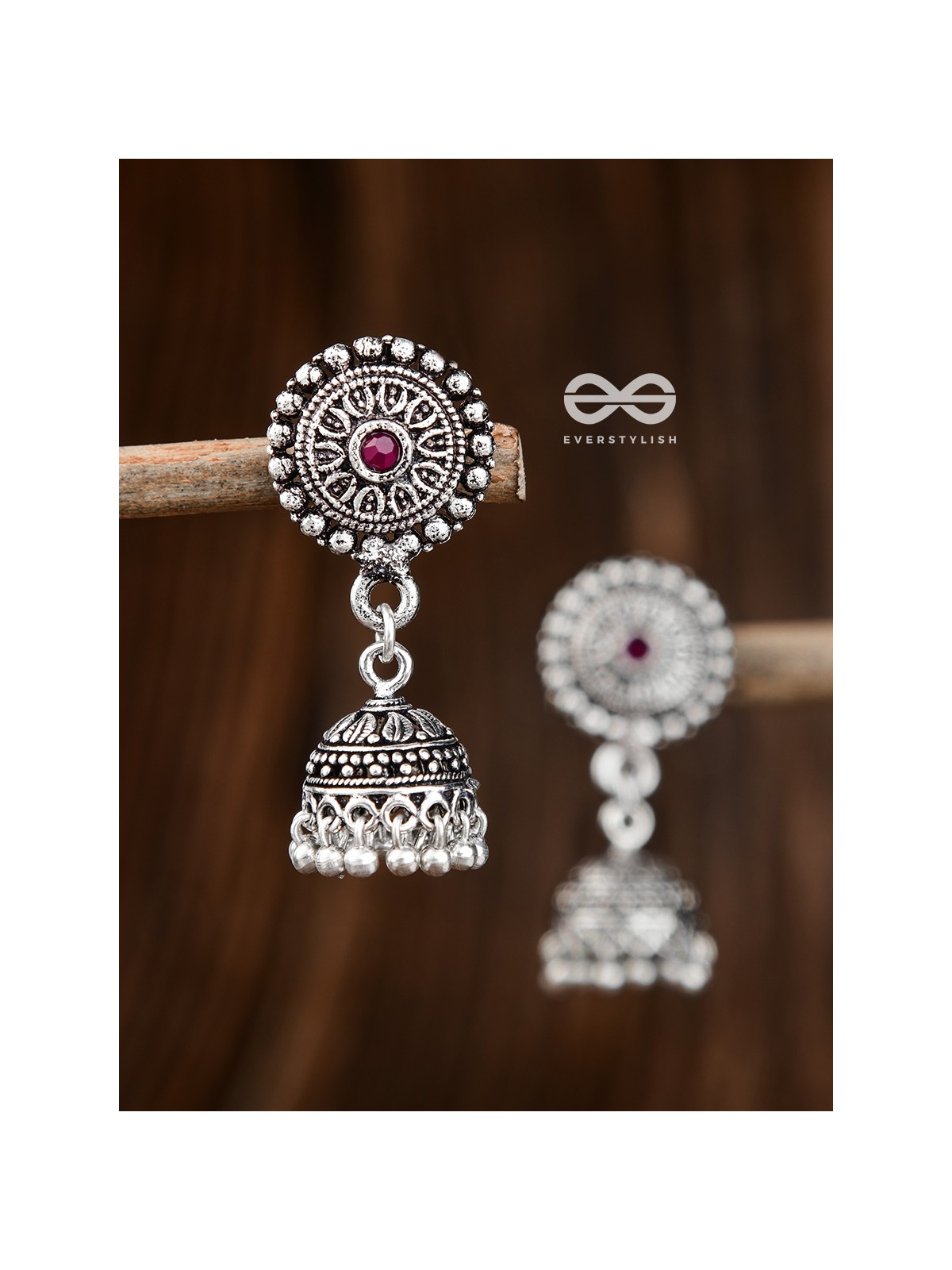 The Little Aztec Jhumkis (Ruby Red) - Embellished Oxidised Collection