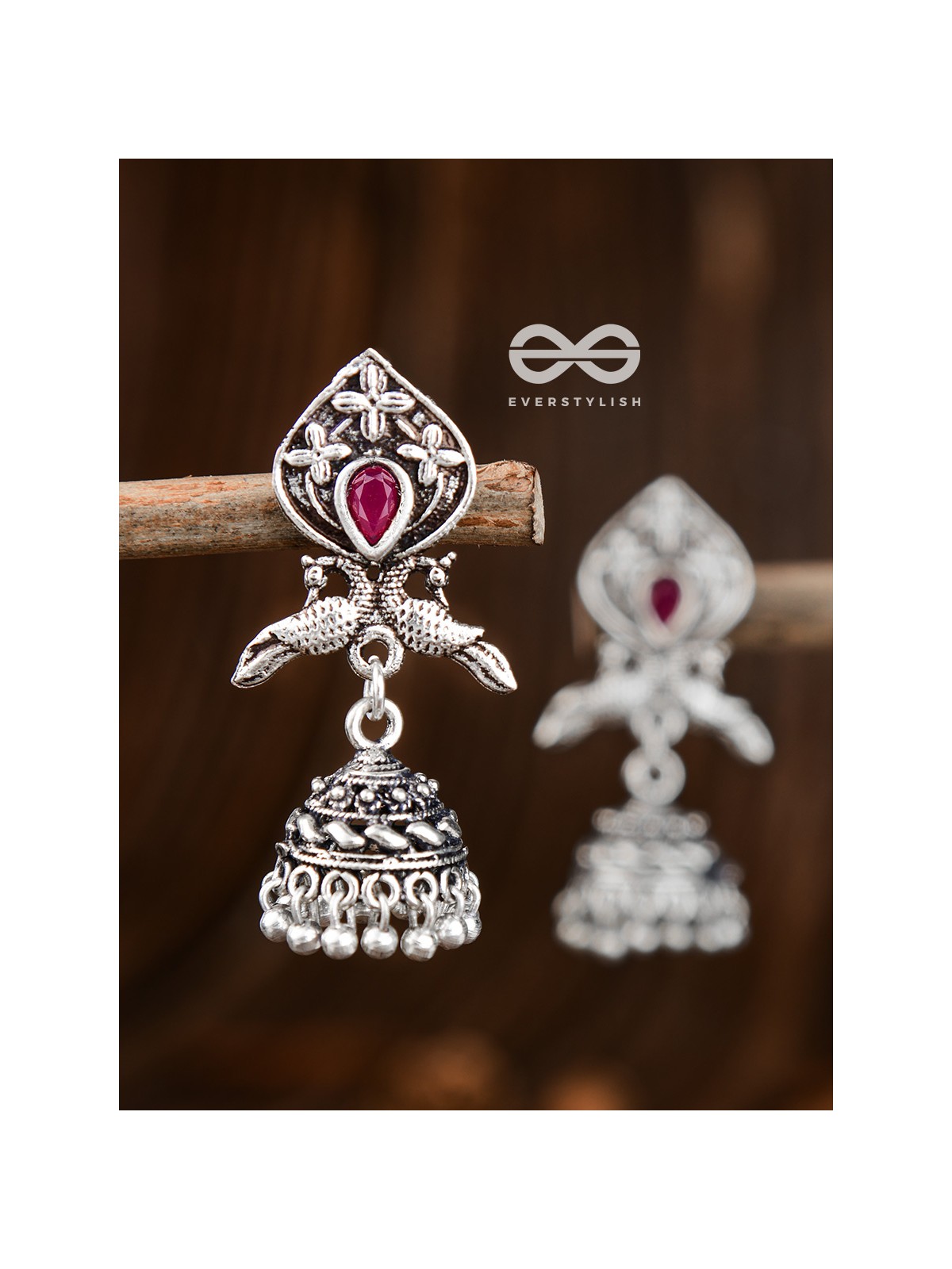 The Twin Peacock Artwork Jhumkis (Ruby Red) - Embellished Oxidised Collection