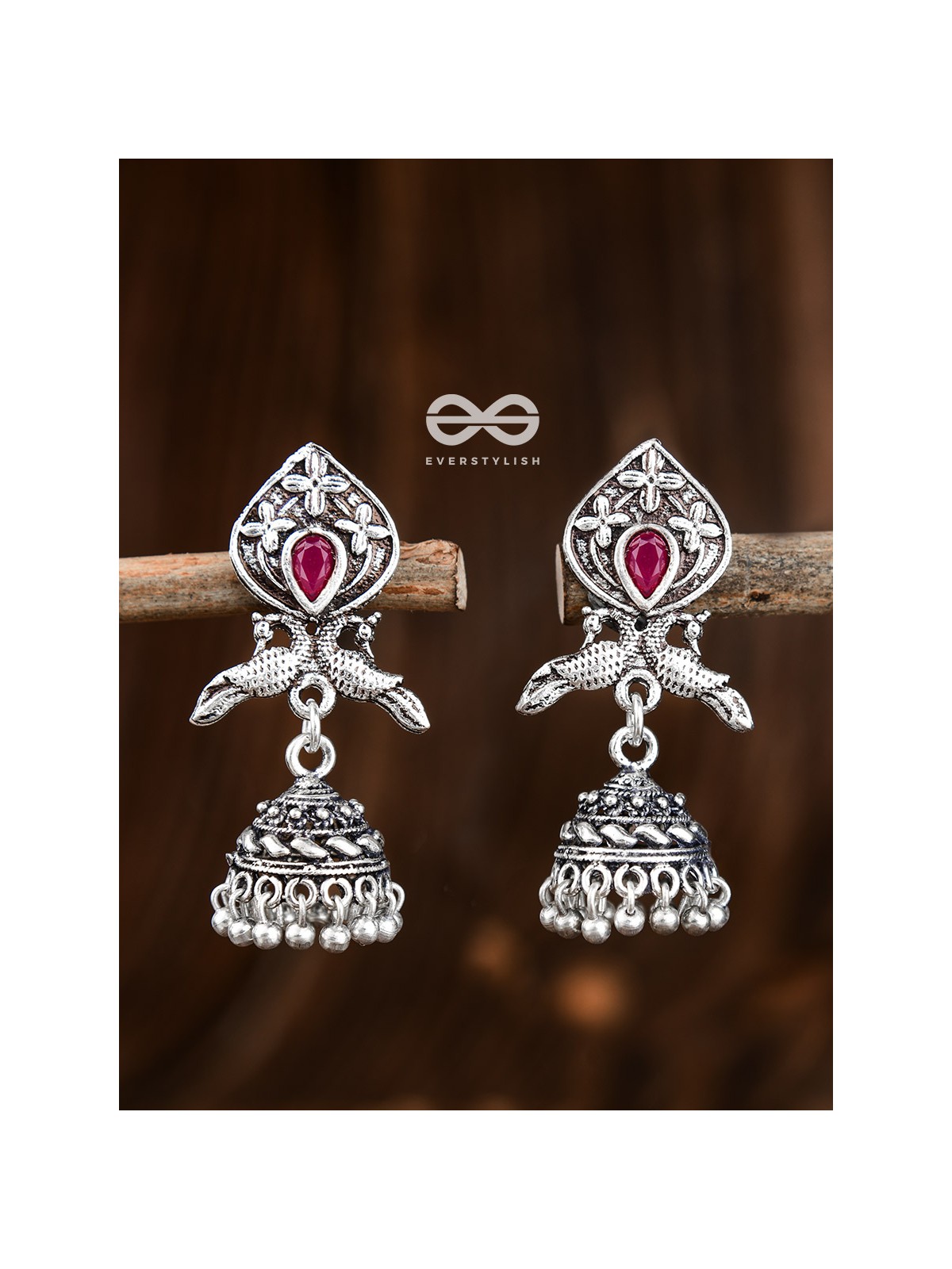 The Twin Peacock Artwork Jhumkis (Ruby Red) - Embellished Oxidised Collection
