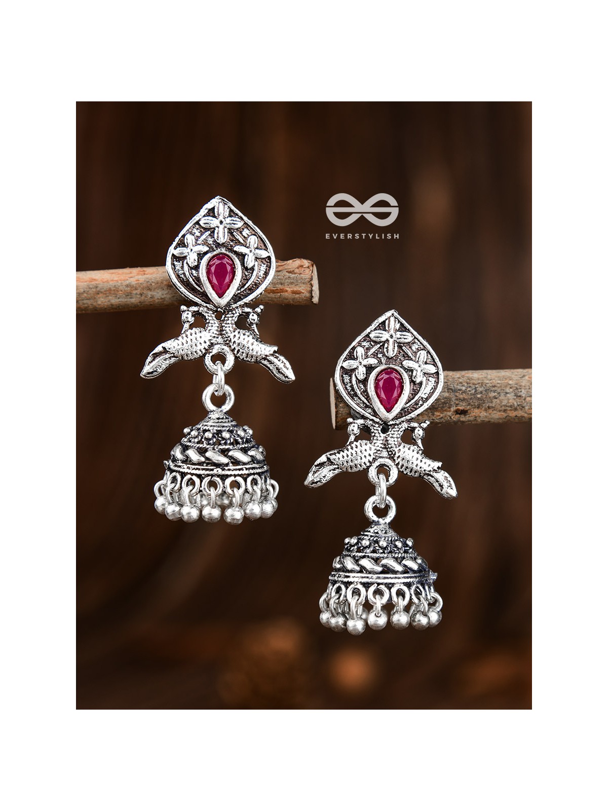 The Twin Peacock Artwork Jhumkis (Ruby Red) - Embellished Oxidised Collection