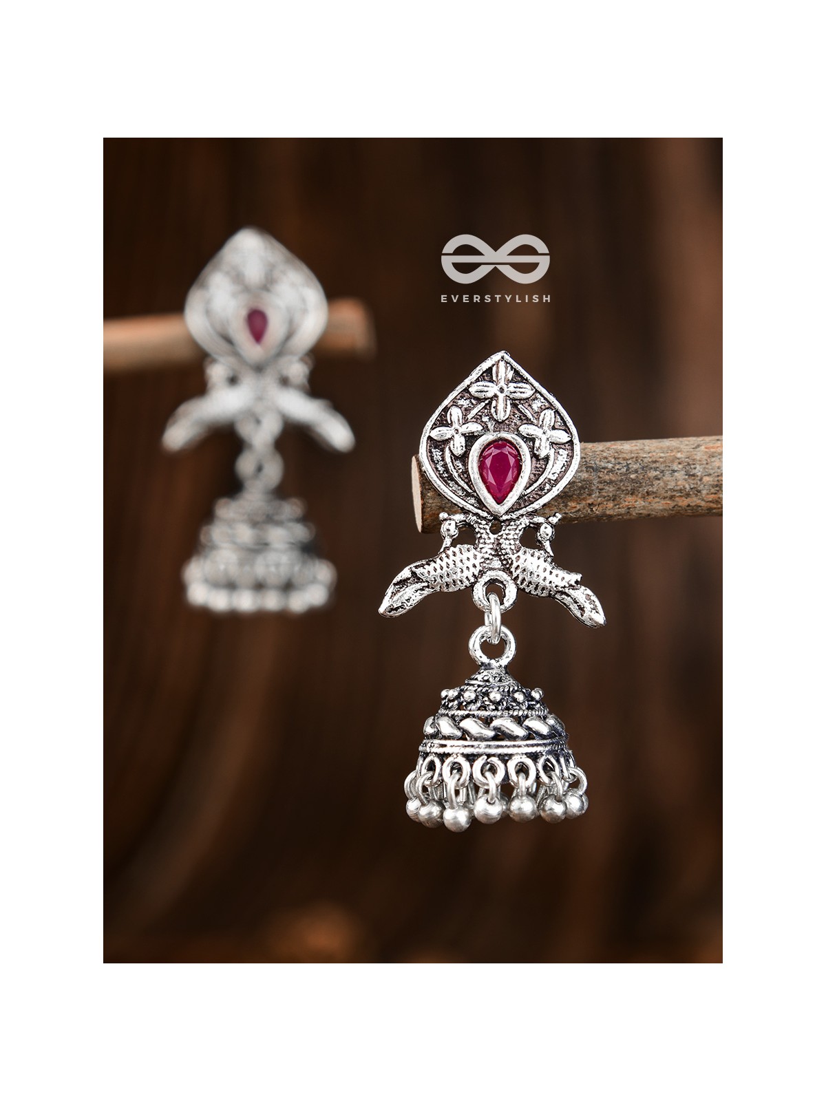 The Twin Peacock Artwork Jhumkis (Ruby Red) - Embellished Oxidised Collection