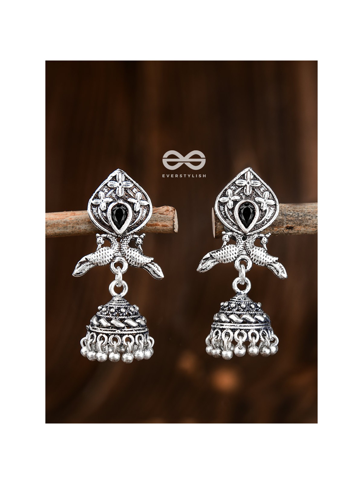 The Twin Peacock Artwork Jhumkis (Onyx Black) - Embellished Oxidised Collection