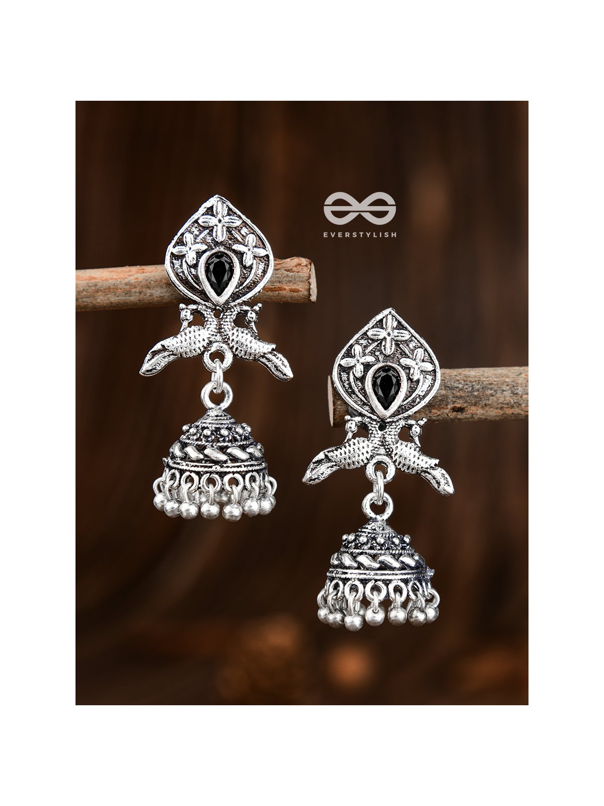 The Twin Peacock Artwork Jhumkis (Onyx Black) - Embellished Oxidised Collection