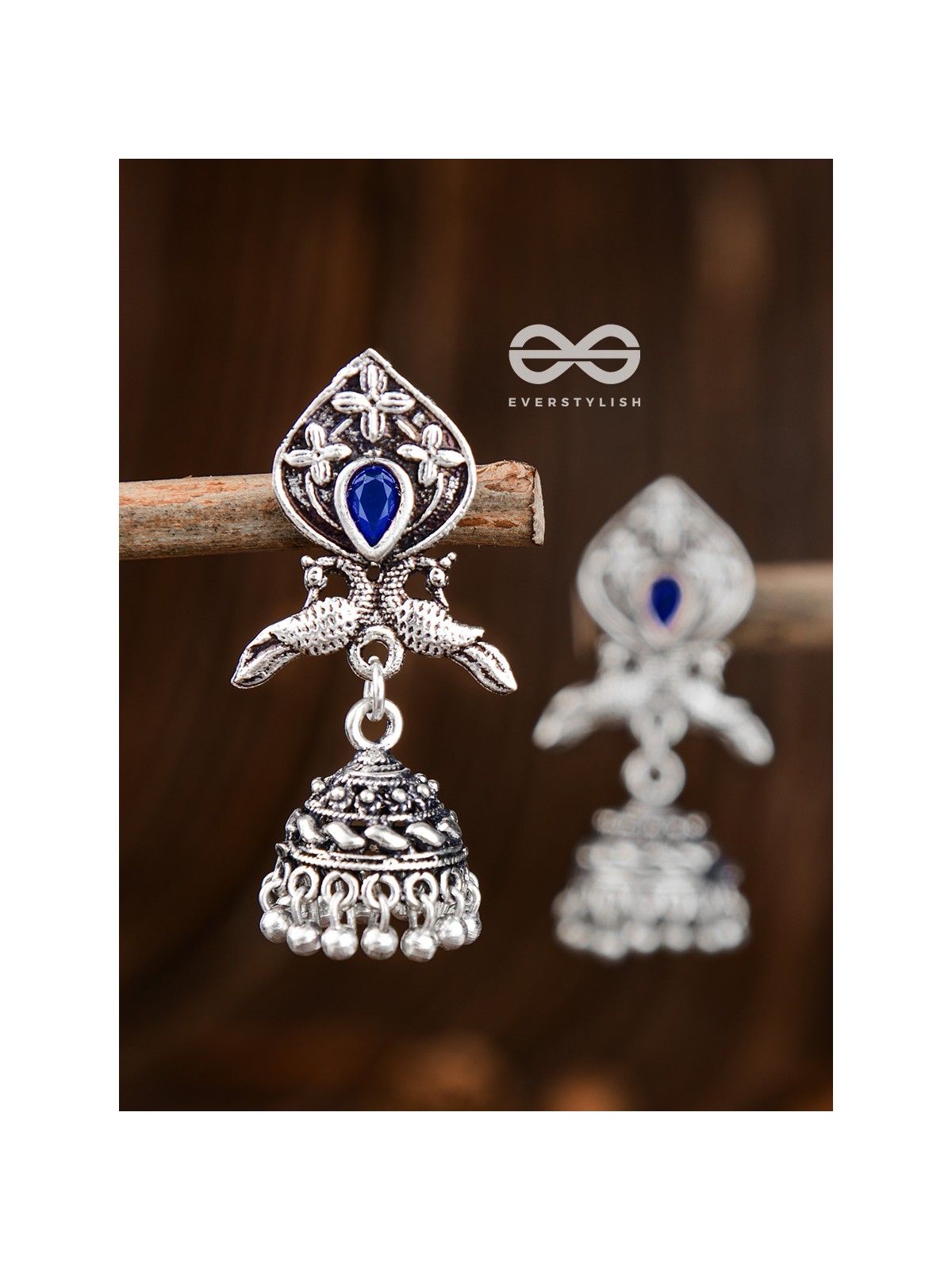 The Twin Peacock Artwork Jhumkis (Sapphire Blue) - Embellished Oxidised Collection