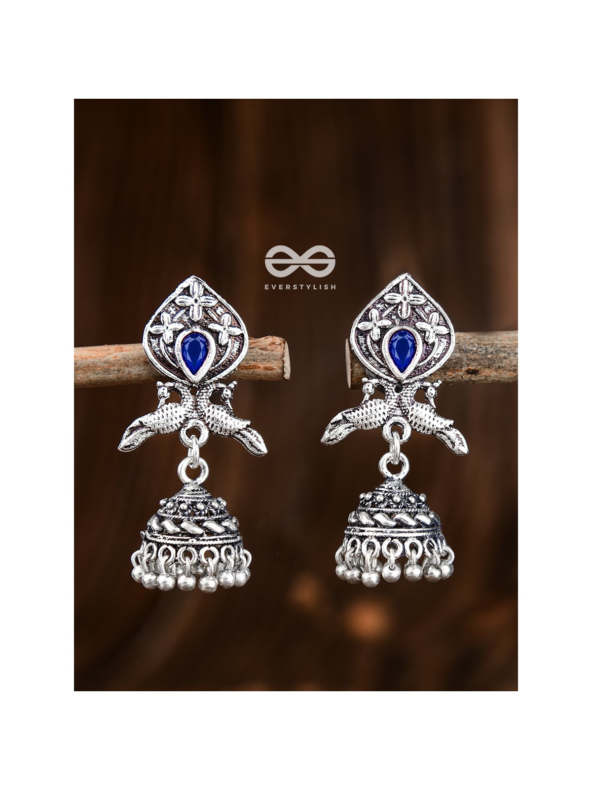 The Twin Peacock Artwork Jhumkis (Sapphire Blue) - Embellished Oxidised Collection